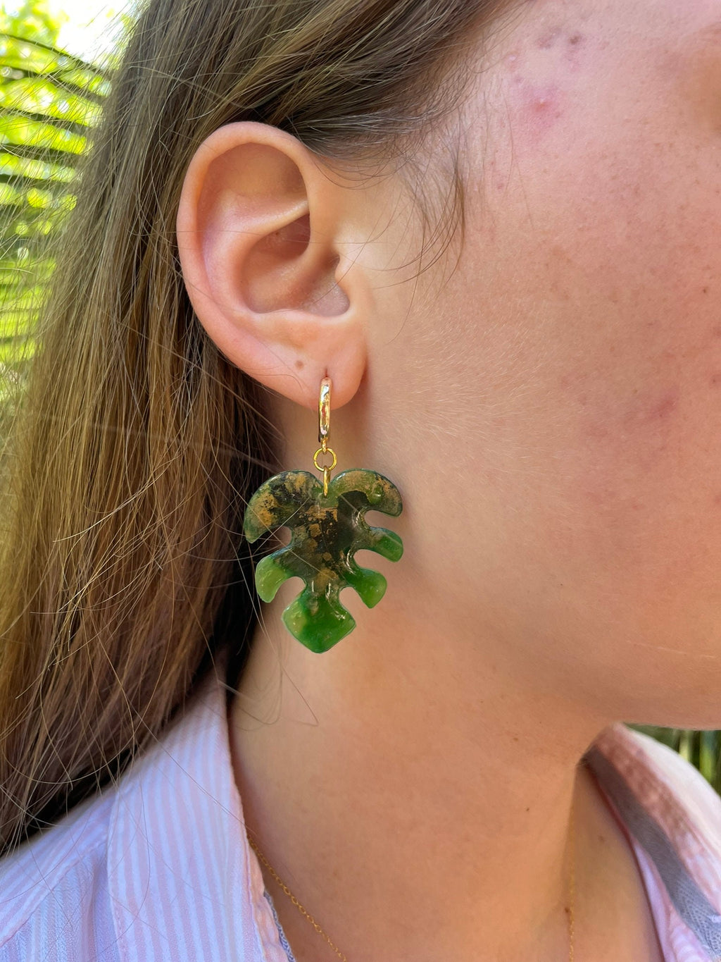 Tropical Island Style Monstera Leaf Earrings, Gold Hoop huggie earrings Cool Summer Jewelry Beach Wedding Maximalist Polymer Clay Earrings