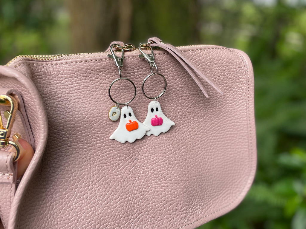 Personalized Ghost Keychain: Clay Pumpkin Charm, Initial Bag Accessory