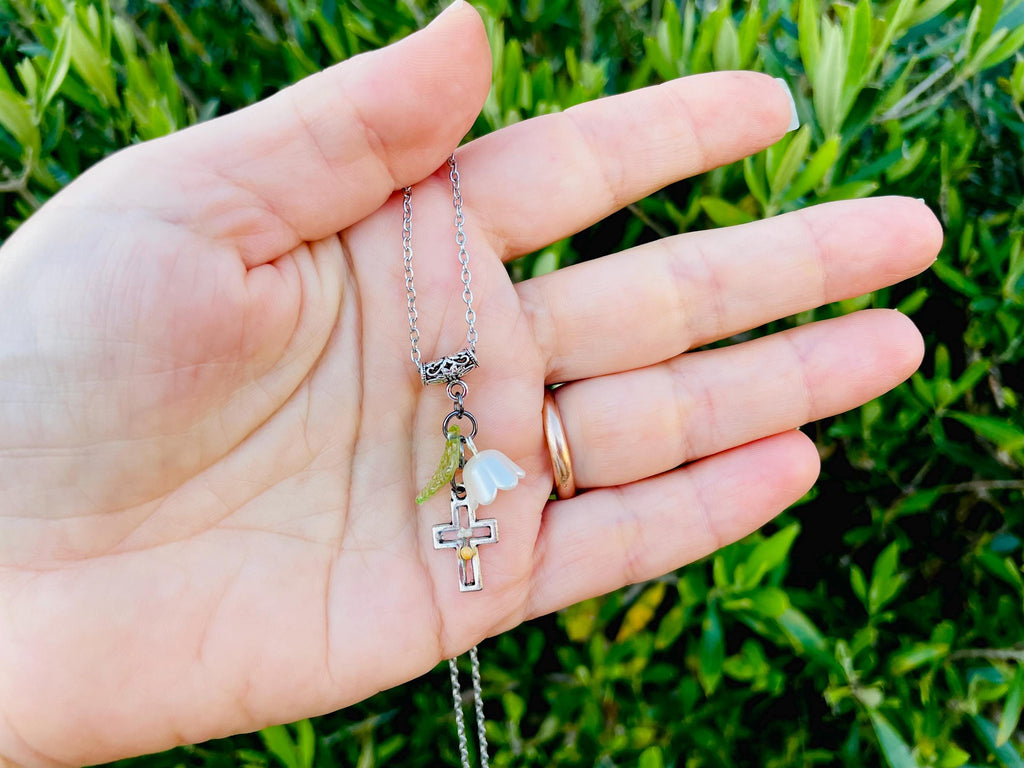 Personalized Lily of the Valley Cross Necklace: Mustard Seed, May Birth Flower