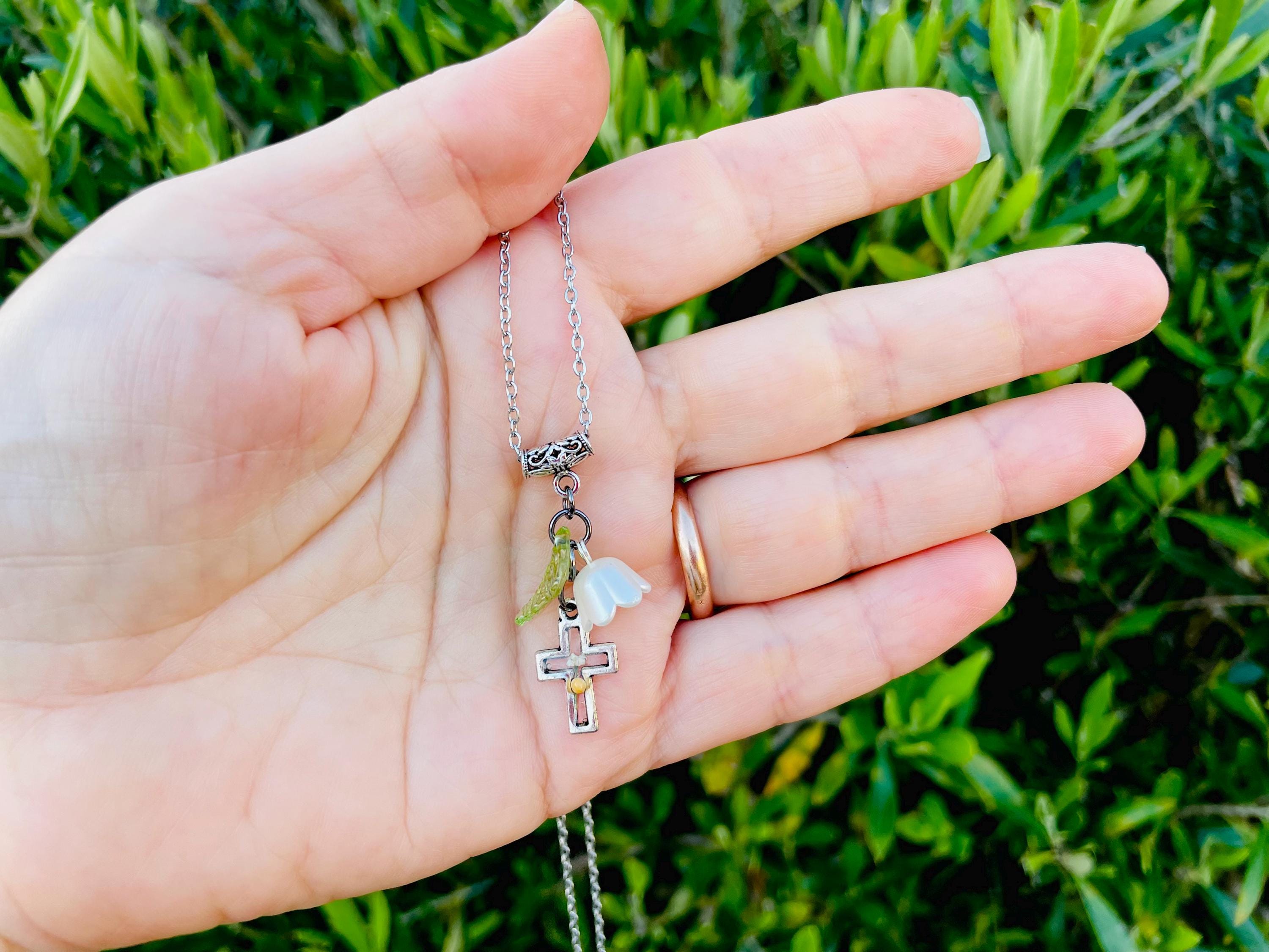 Personalized Lily of the Valley Cross Necklace: Mustard Seed, May Birth Flower