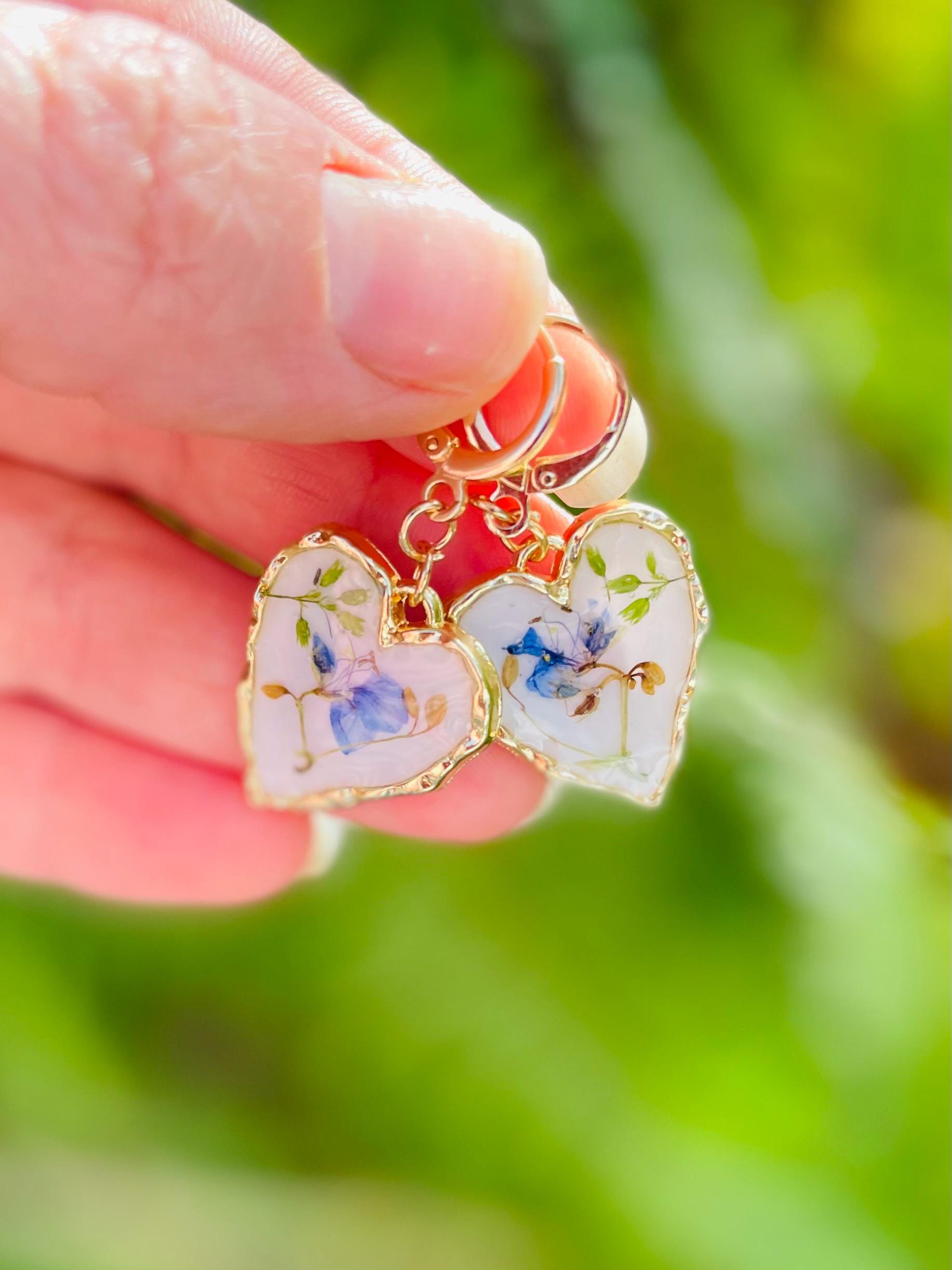 Bridesmaid Earrings Matching Bridesmaid Dress Whimsical Dainty Blue and White Flower Heart Huggie Earrings 14k Gold Bridesmaid proposal gift