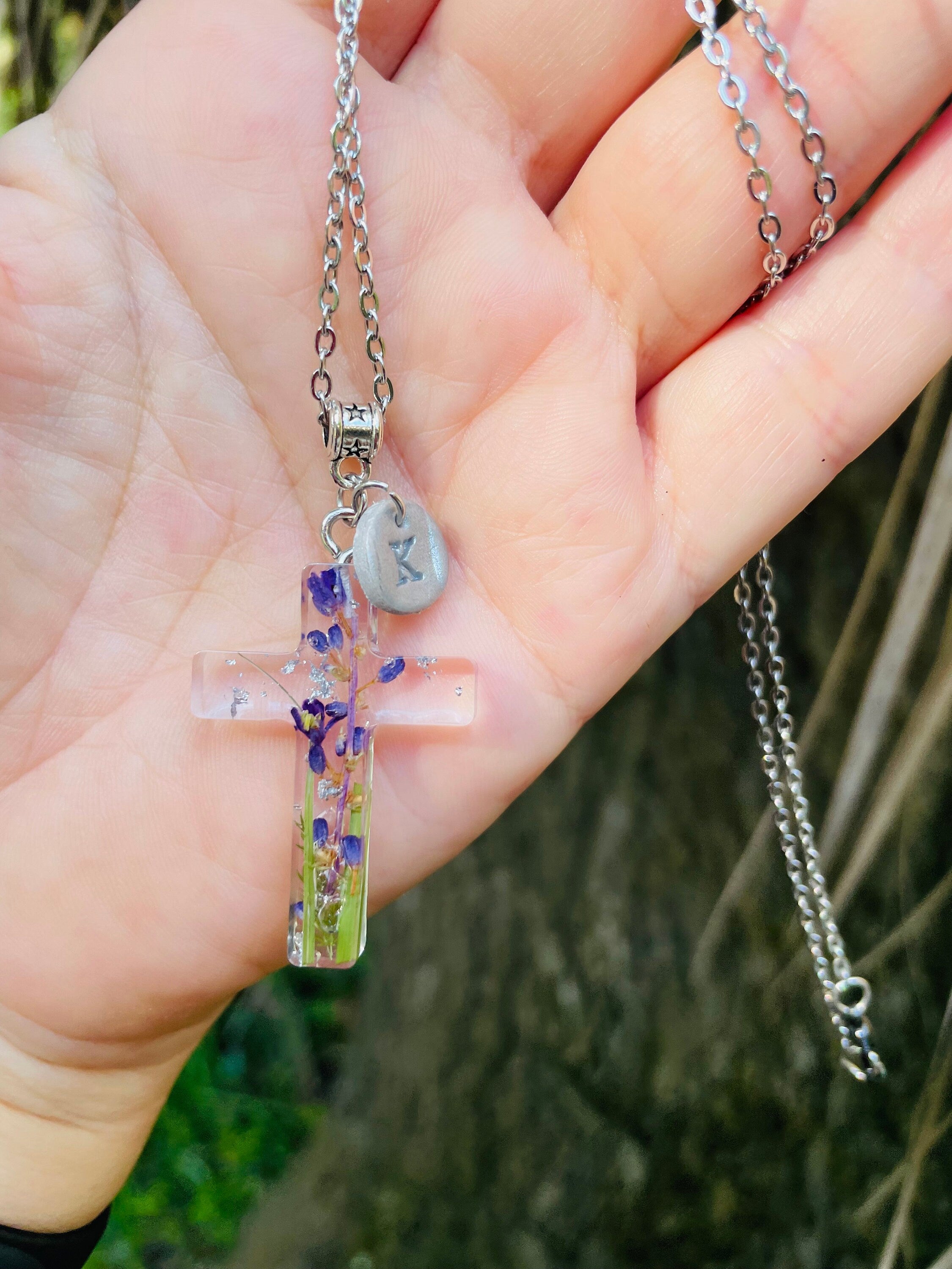 Pressed Flower Cross Necklace: August Birth Flower Gladiolus, Personalized Initial