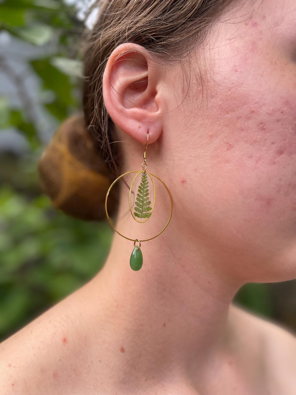Gold Green Fern Hoop Christmas Earrings: Clip-On/Post Options | Tree-Inspired Design