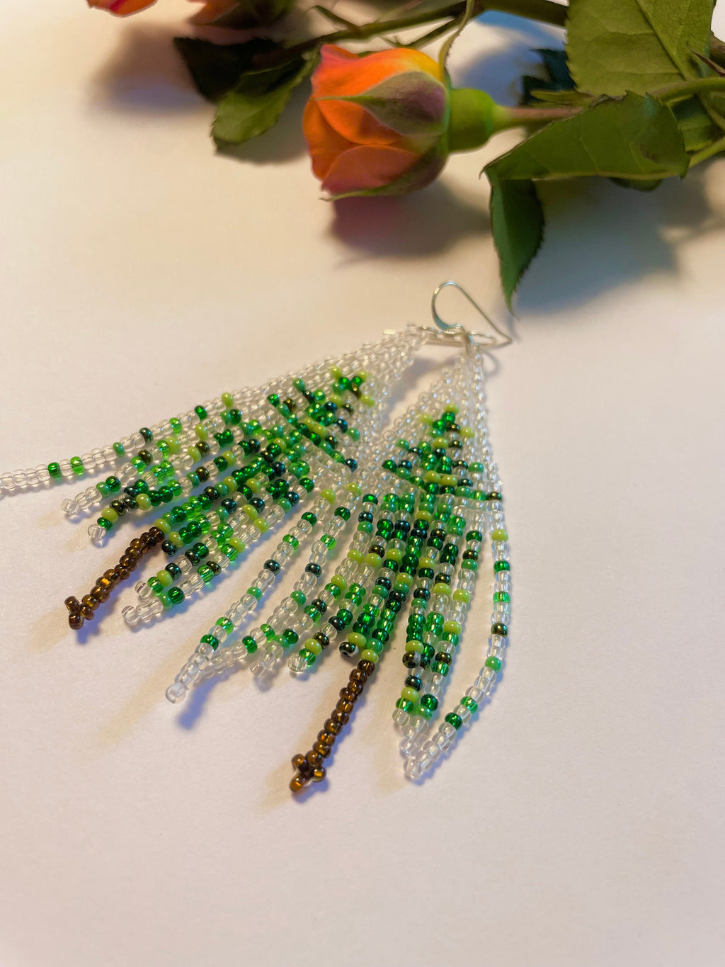 Christmas earrings dangle, Abstract Beaded Fringe earrings, Christmas tree seed bead earrings Green transparent Long earrings Boho Handmade