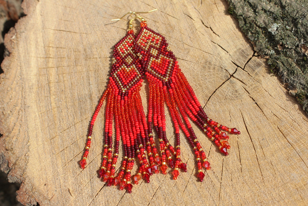 Heart earrings for women, Red gold Seed bead earrings, best friend gift, red Beaded earrings long, Native American style, Statement earrings