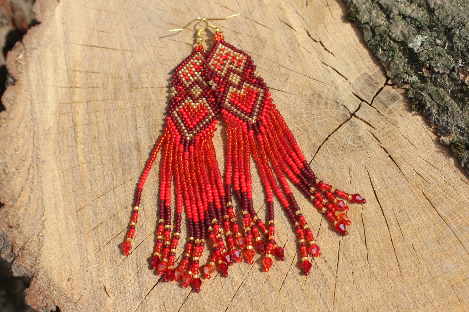 Heart earrings for women, Red gold Seed bead earrings, best friend gift, red Beaded earrings long, Native American style, Statement earrings