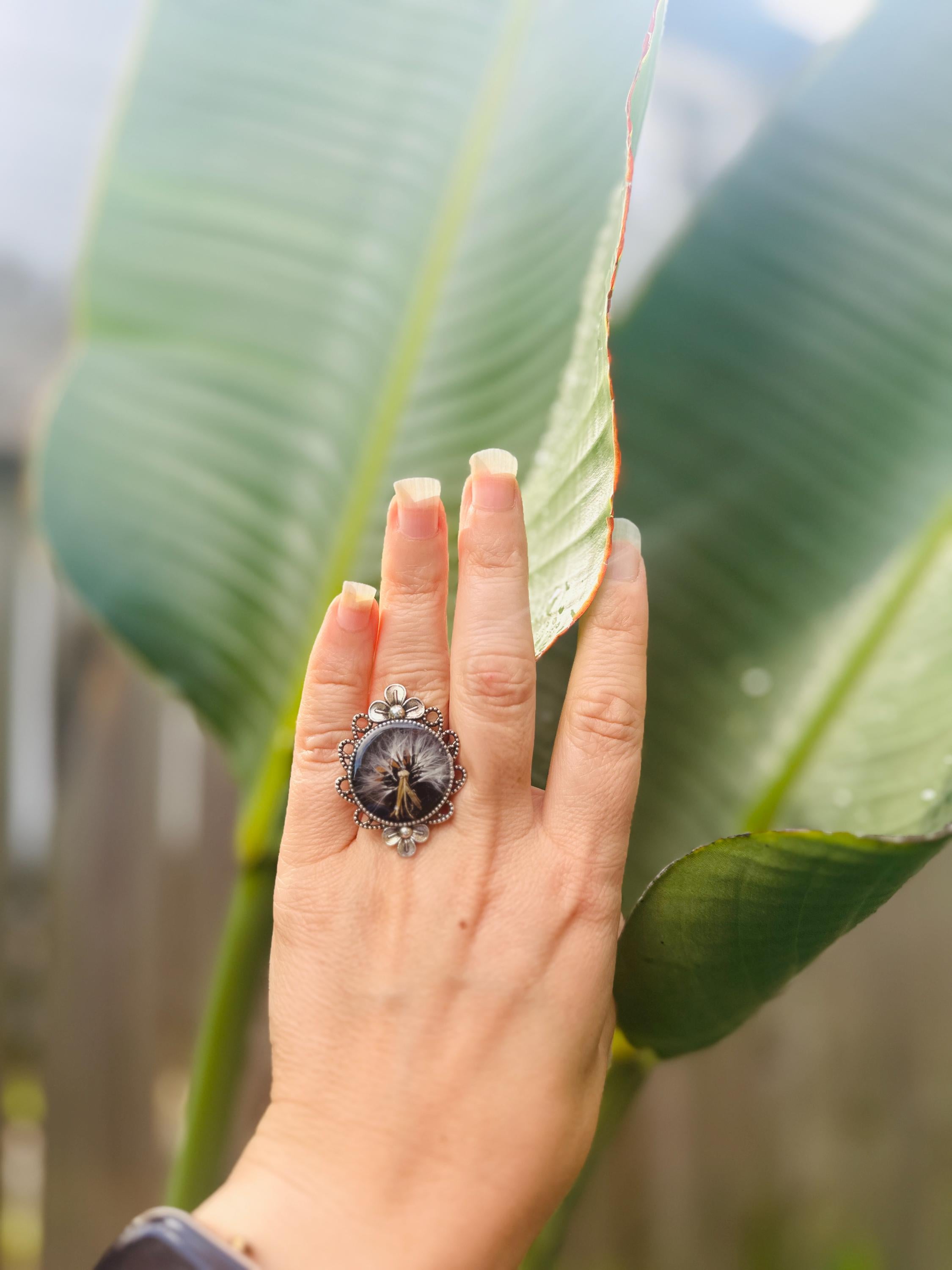 Antique Silver Dandelion Ring: Black Resin Flower Jewelry