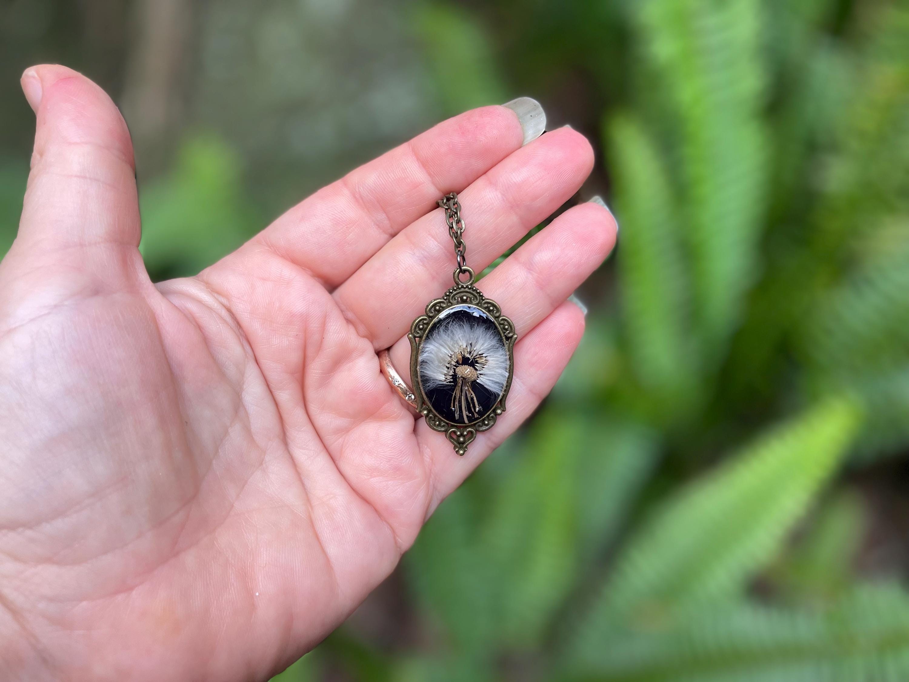 Real Dandelion Resin Pendant Necklace: Black & Bronze, Handmade Wish Jewelry Valentine gift for Boyfriend