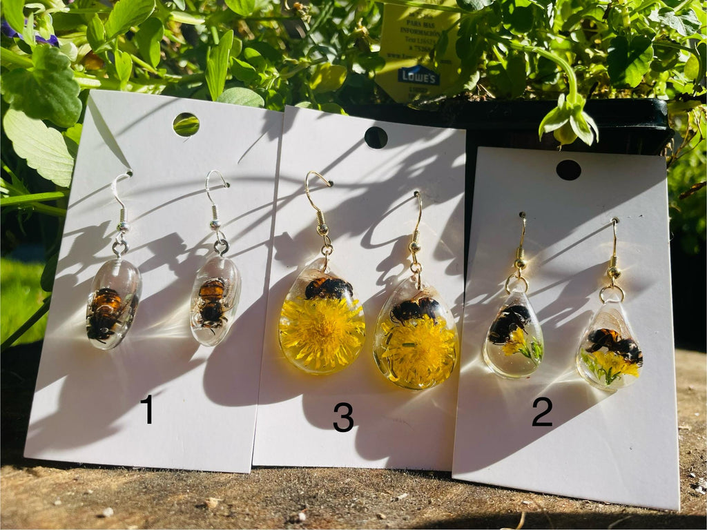 Real Bee Earrings Resin: Yellow Dandelion Flower and Insect Jewelry Gift for her Ethically Preserved