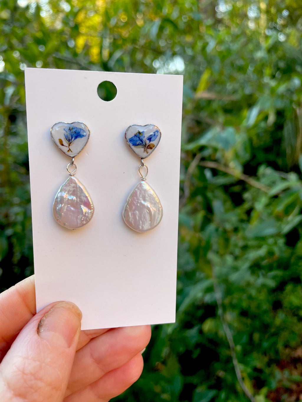 Baroque Pearl Bridal Earrings: Blue Floral Heart, Victorian Chinoiserie Style
