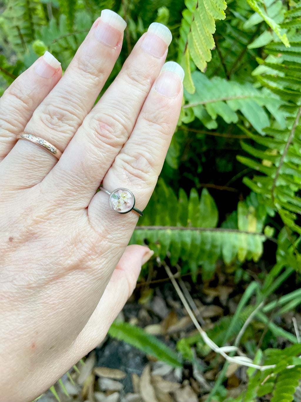 Handmade Blush Pressed Cherry Blossom Like Flower Ring: Botanical Resin Ring, Adjustable