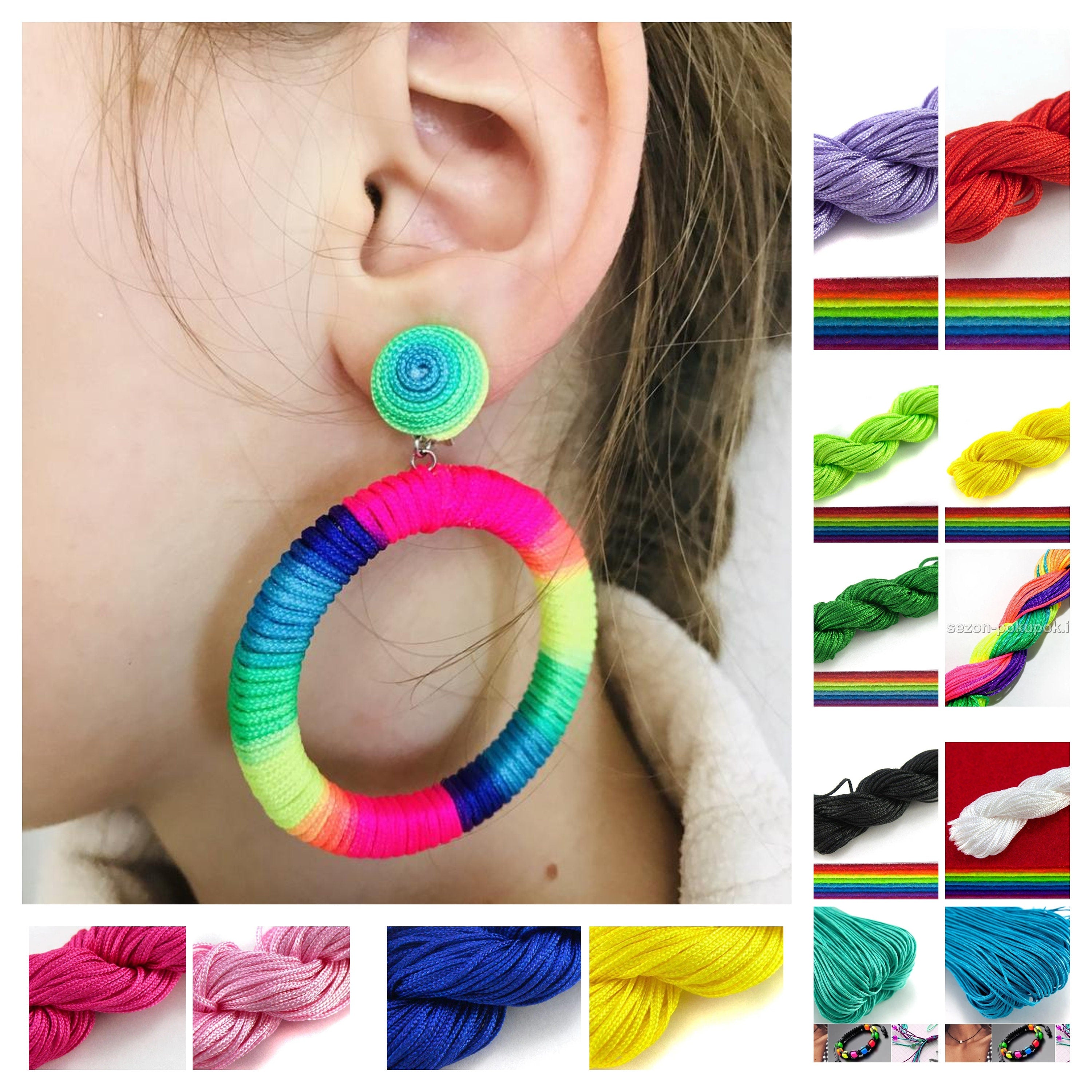 Clip on earrings, Silk like cord wrapped multicolored hoop bon bon earrings, Pride lesbian earrings, Rainbow Hoop Dangle earrings for Women