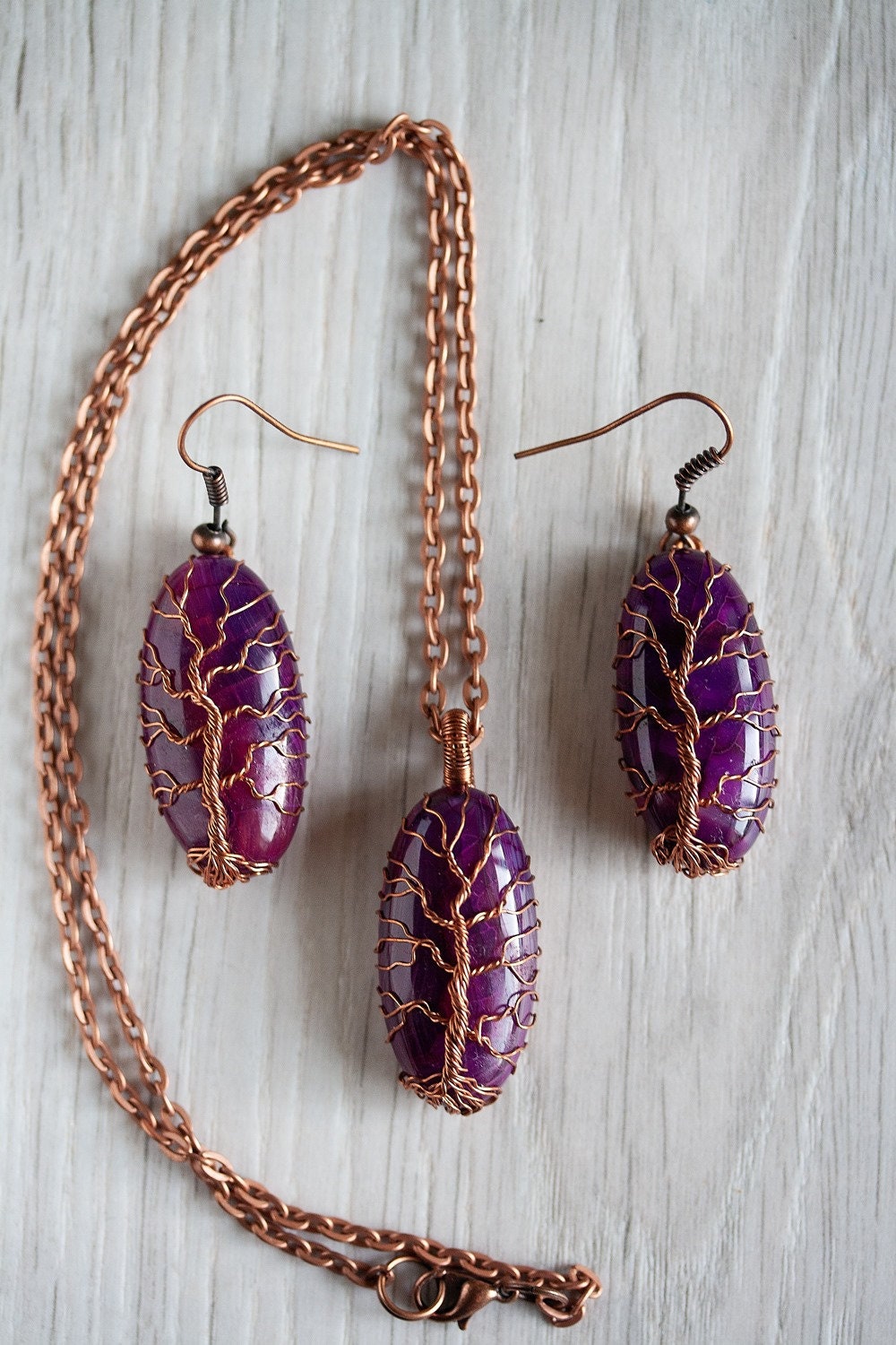Handmade Purple Dragon Vein Agate Tree of Life Pendant Necklace: Unique Copper Wire Wrap Jewelry Unisex