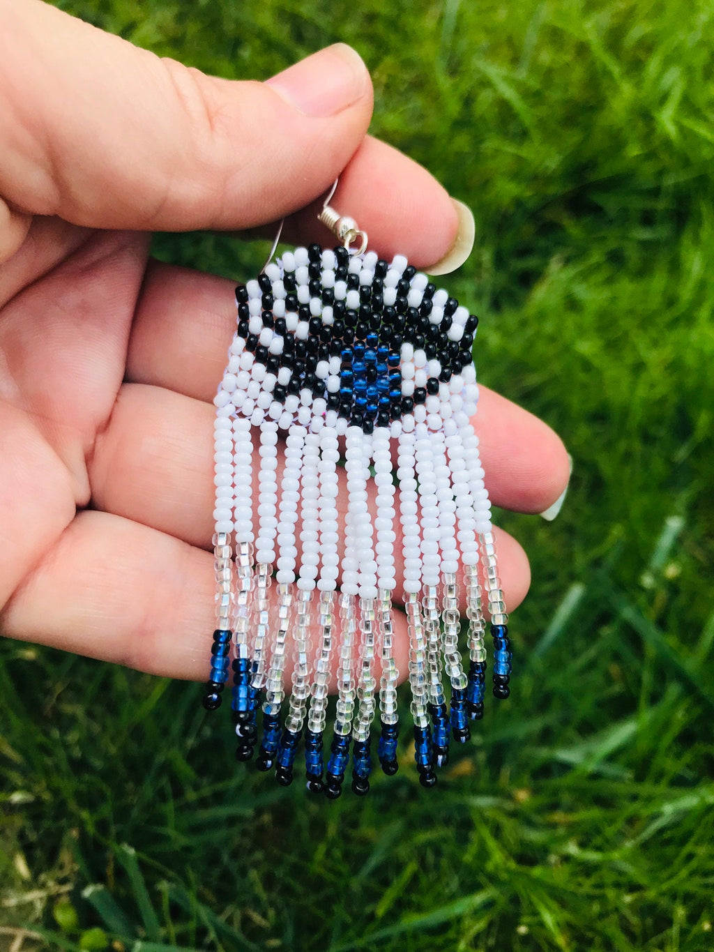 Evil eye earrings, long beaded earrings, Custom eyes color Earrings, white seed bead Earrings fringe, best friend personalized holiday gift