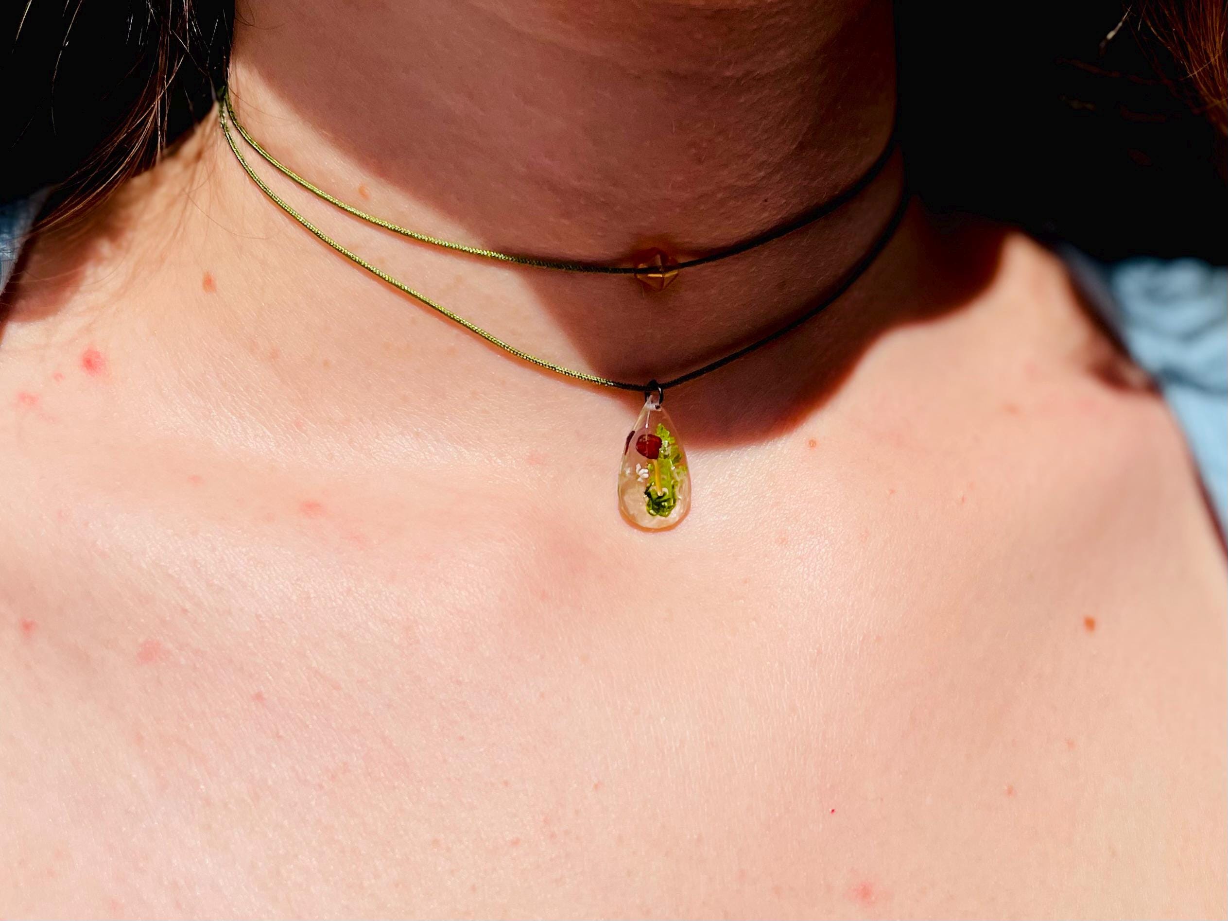 Woodland Mushroom Necklace | Dainty Citrine Bead Double Layered Charm Necklace | Fall Cottagecore Hippie Jewelry | Handmade Gift for Her