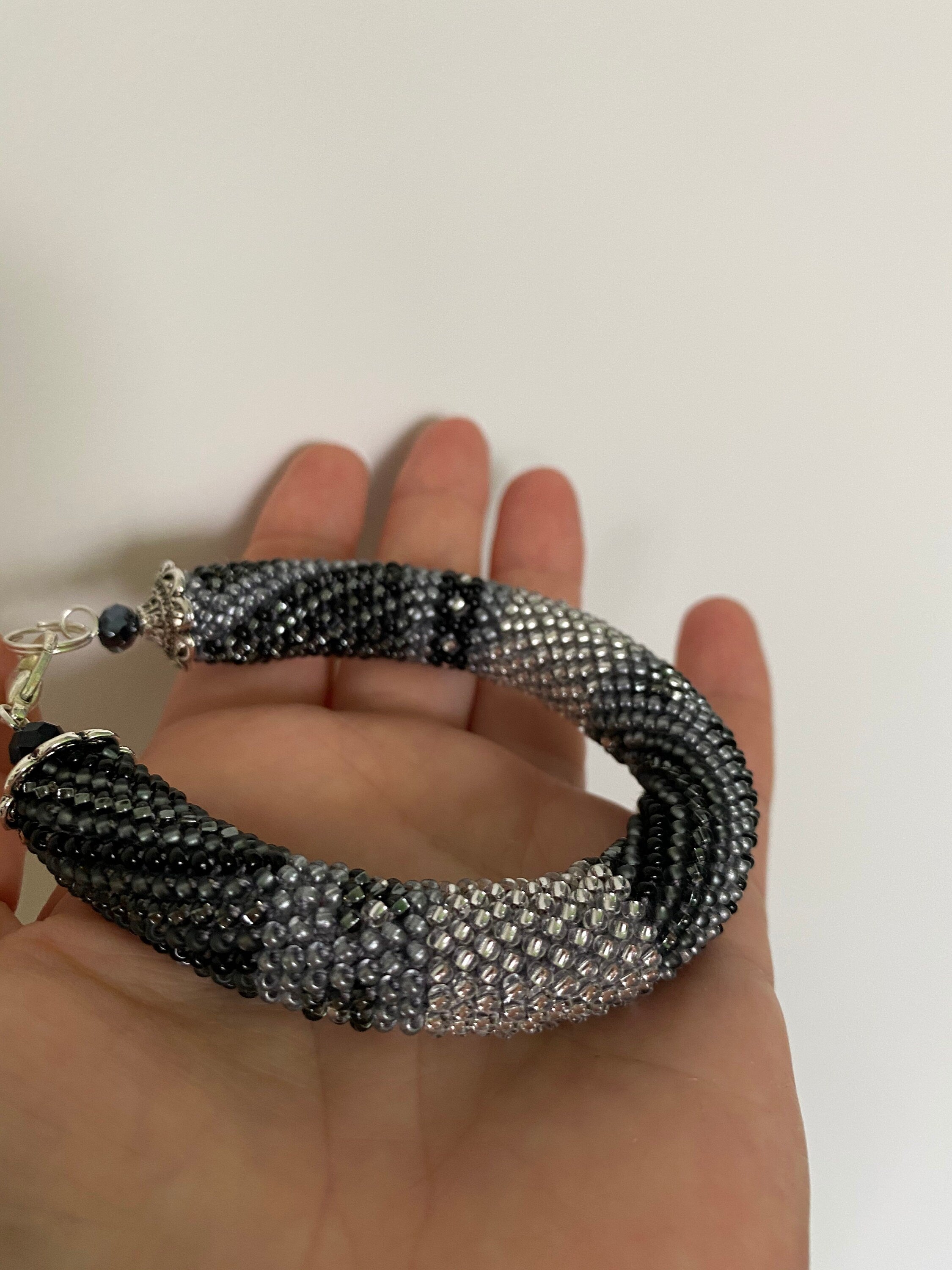 Silver bracelet Shades of Grey Patchwork Bracelet Grey Bracelet Stylish Beaded Bracelet For her Fashion Accessory Bead crochet Rope Bracelet