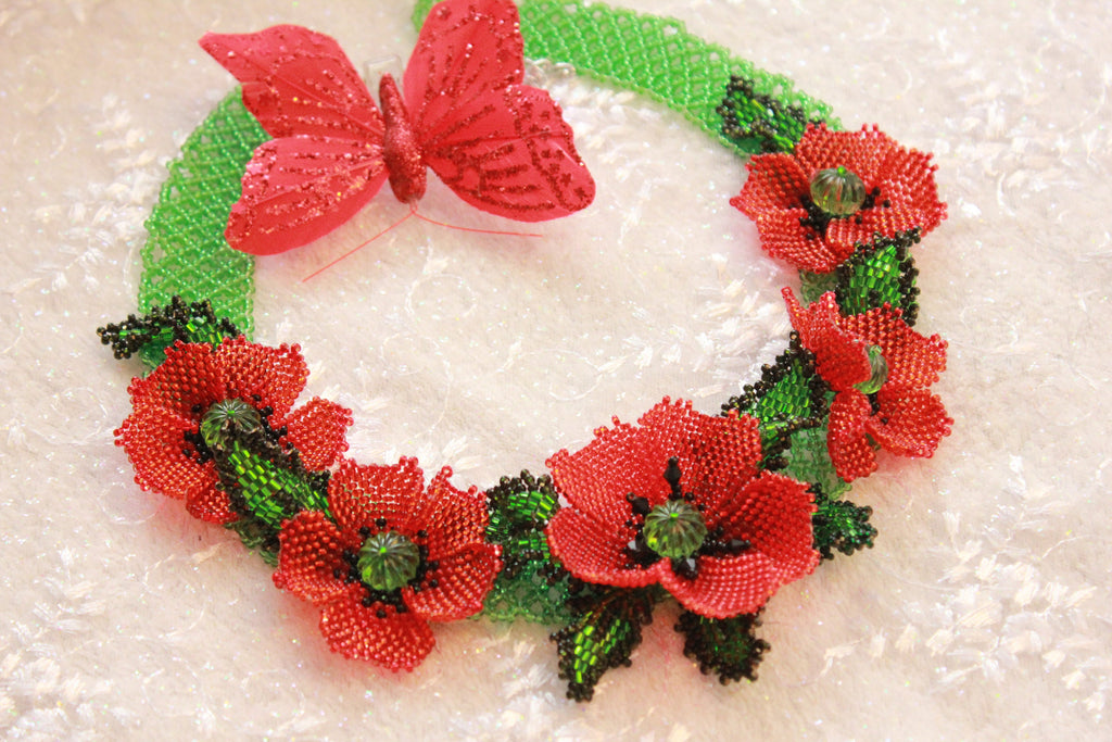 Red flower jewelry necklace, Poppy Necklace, Floral collar Choker, Wedding gift bride~Unique Beaded Necklace for girlfriend, Valentines gift