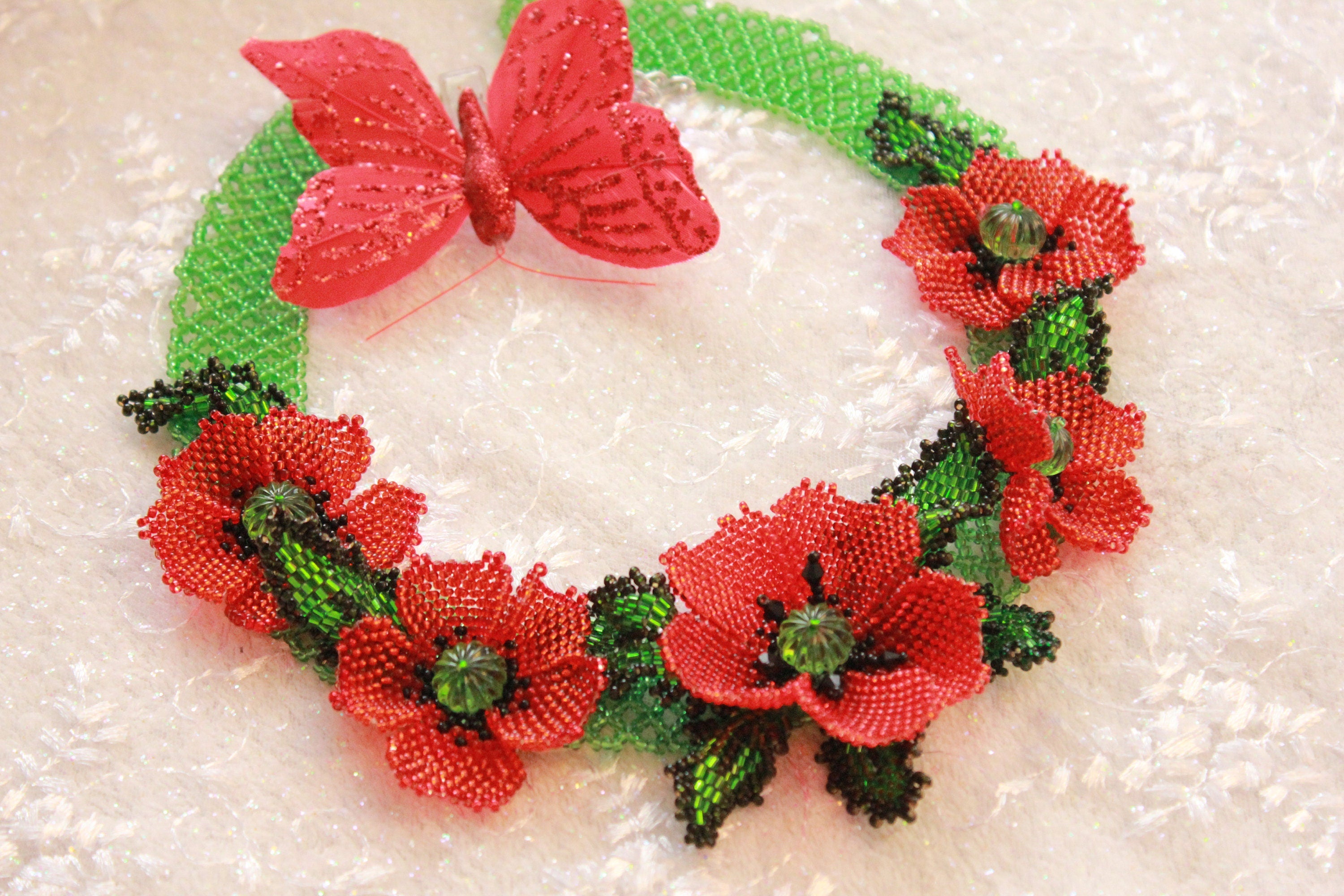 Red flower jewelry necklace, Poppy Necklace, Floral collar Choker, Wedding gift bride~Unique Beaded Necklace for girlfriend, Valentines gift