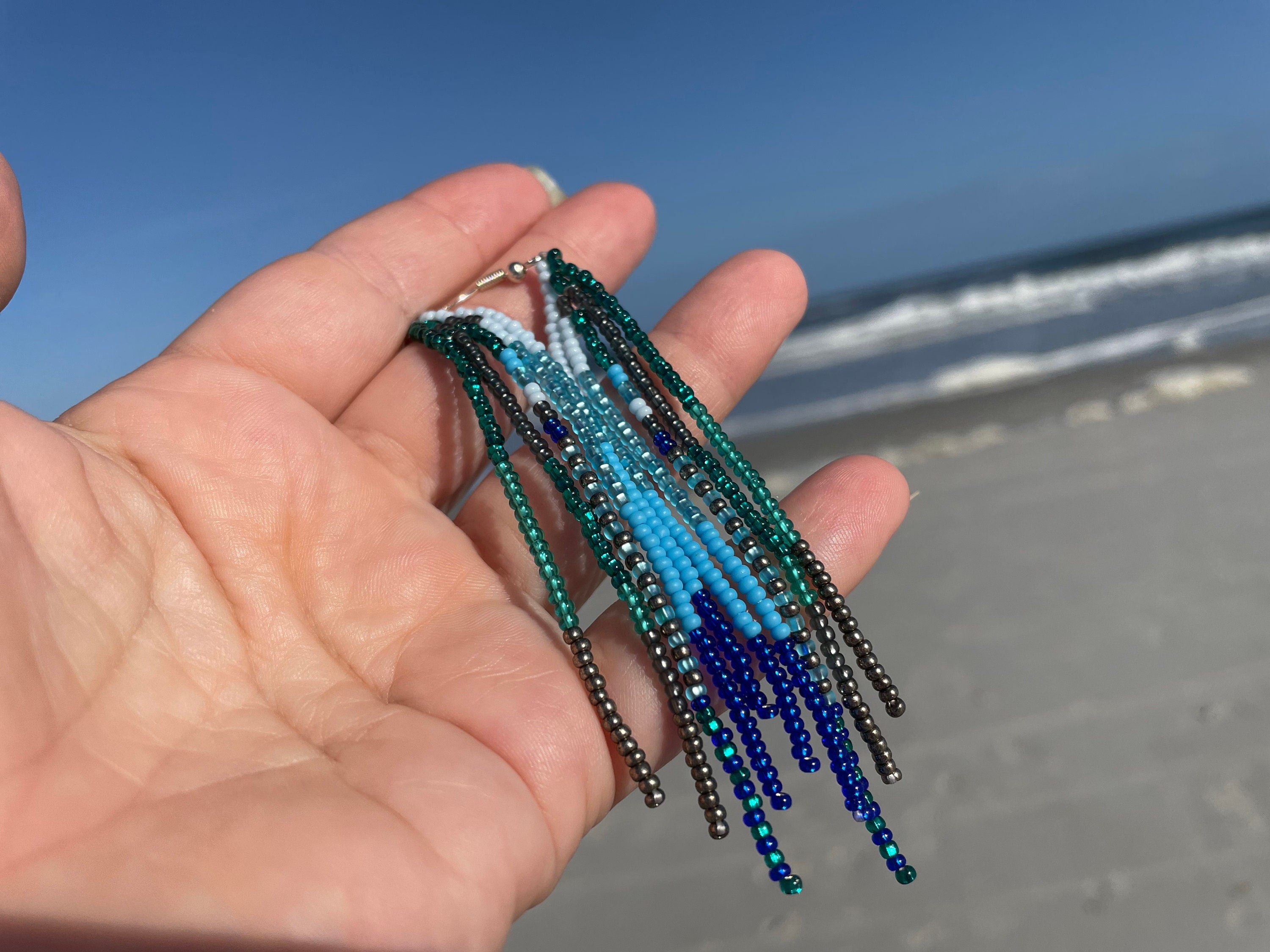 Patina blue Turquoise beaded earrings Long Emerald green Fringe earrings Ombre Chandelier Seed bead earrings Boho beadwork Dangle handmade