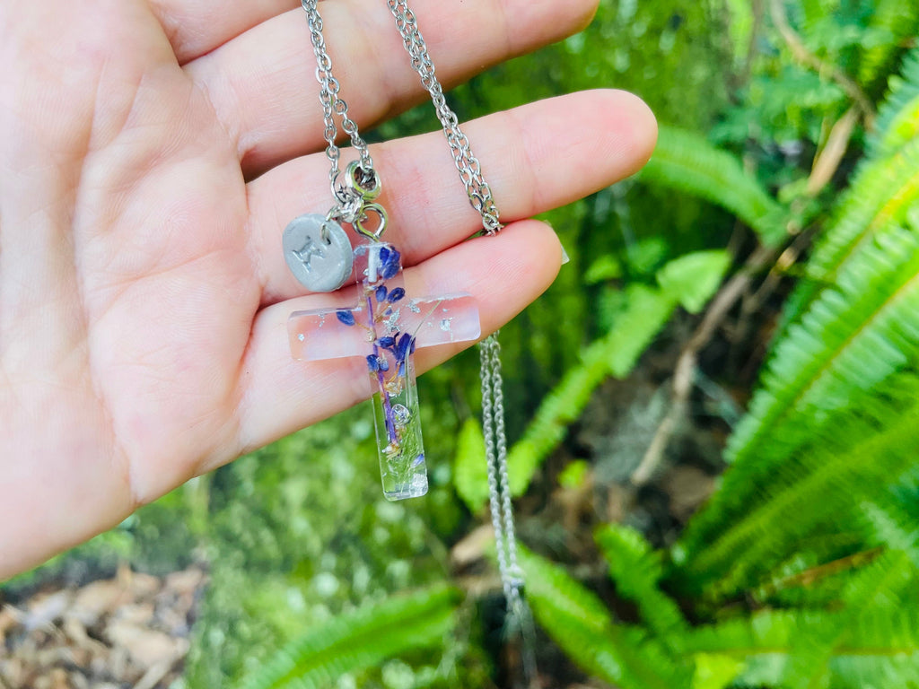 Pressed Flower Cross Necklace: August Birth Flower Gladiolus, Personalized Initial