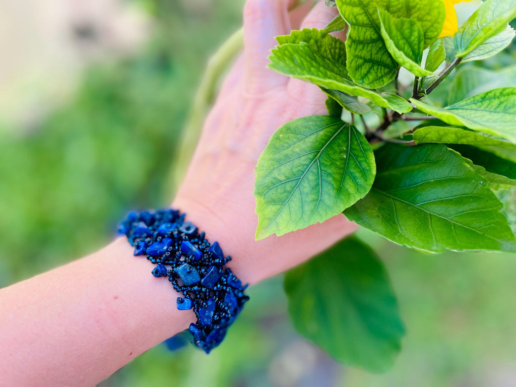 Lapis lazuli bracelet stainless steel handmade blue gemstone cuff 1 inch wide: raw crystal Sagittarius gift