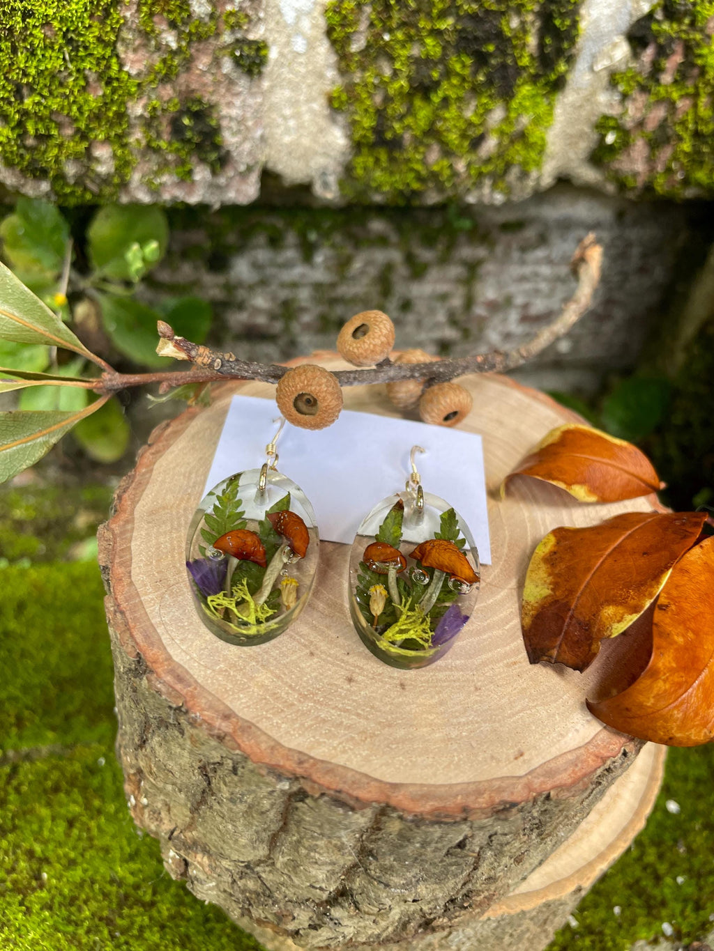 Mushroom Earrings: Resin Dangle with Real Moss & Fern - Gold or Silver