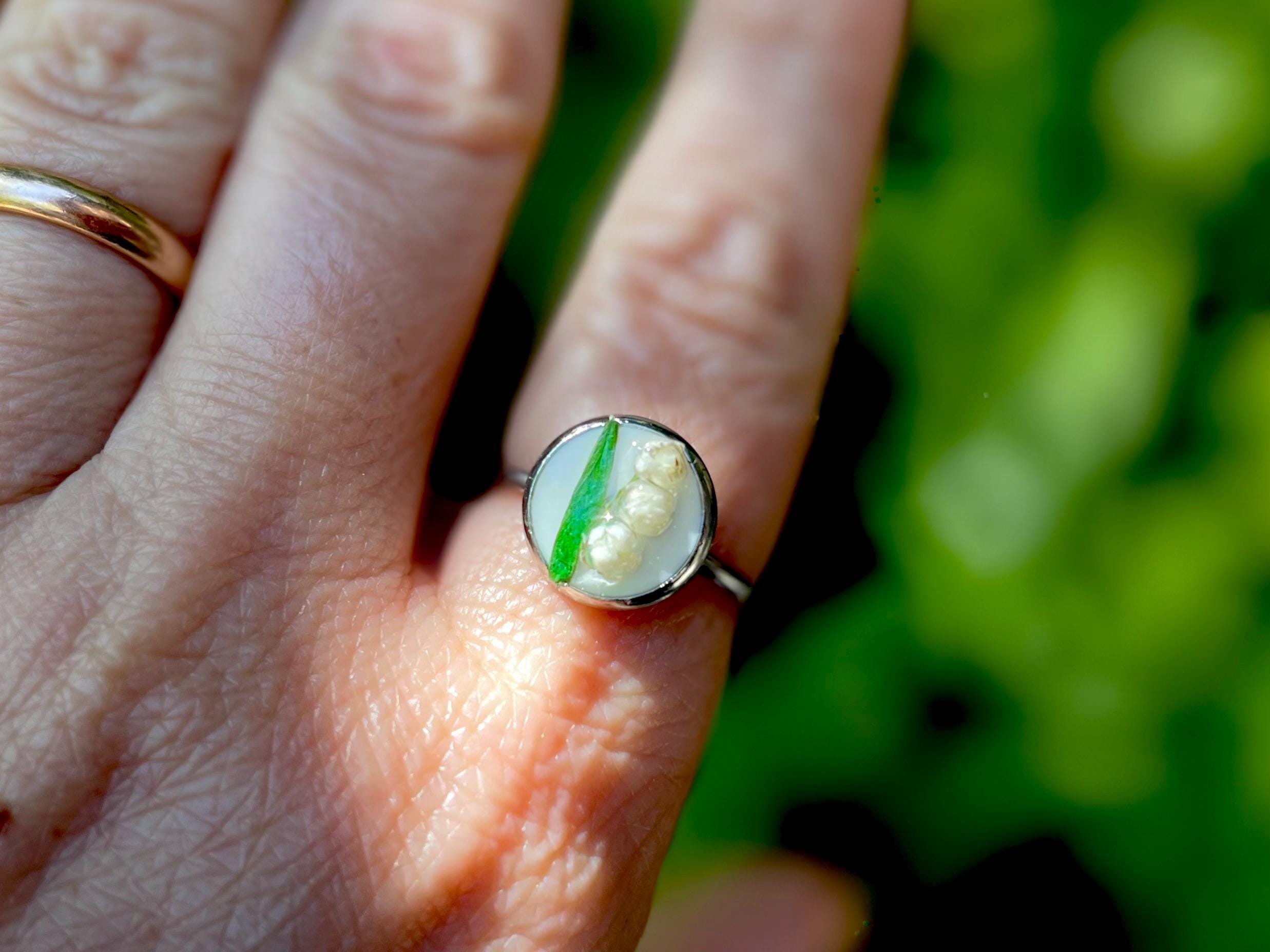 Personalized Lily of the Valley Pressed Flower Ring: Adjustable Silver May Birth Flower Jewelry