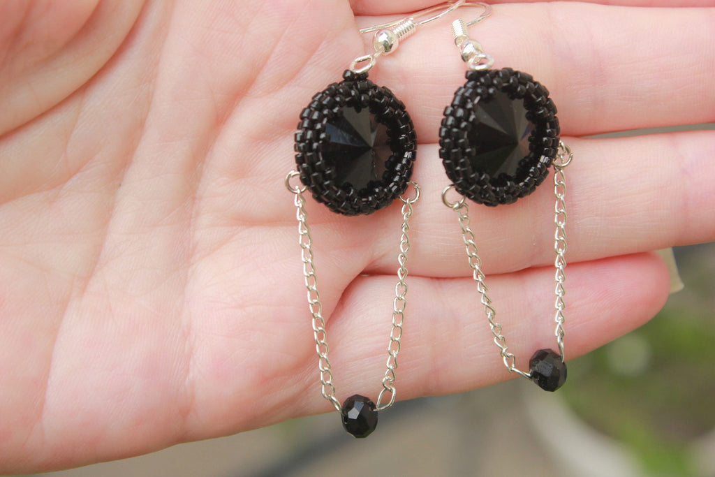 Earrings. Black earrings beaded, Gothic earrings, goth chain earrings, goth jewelry, steampunk earrings, black jewelry for her, self gift,