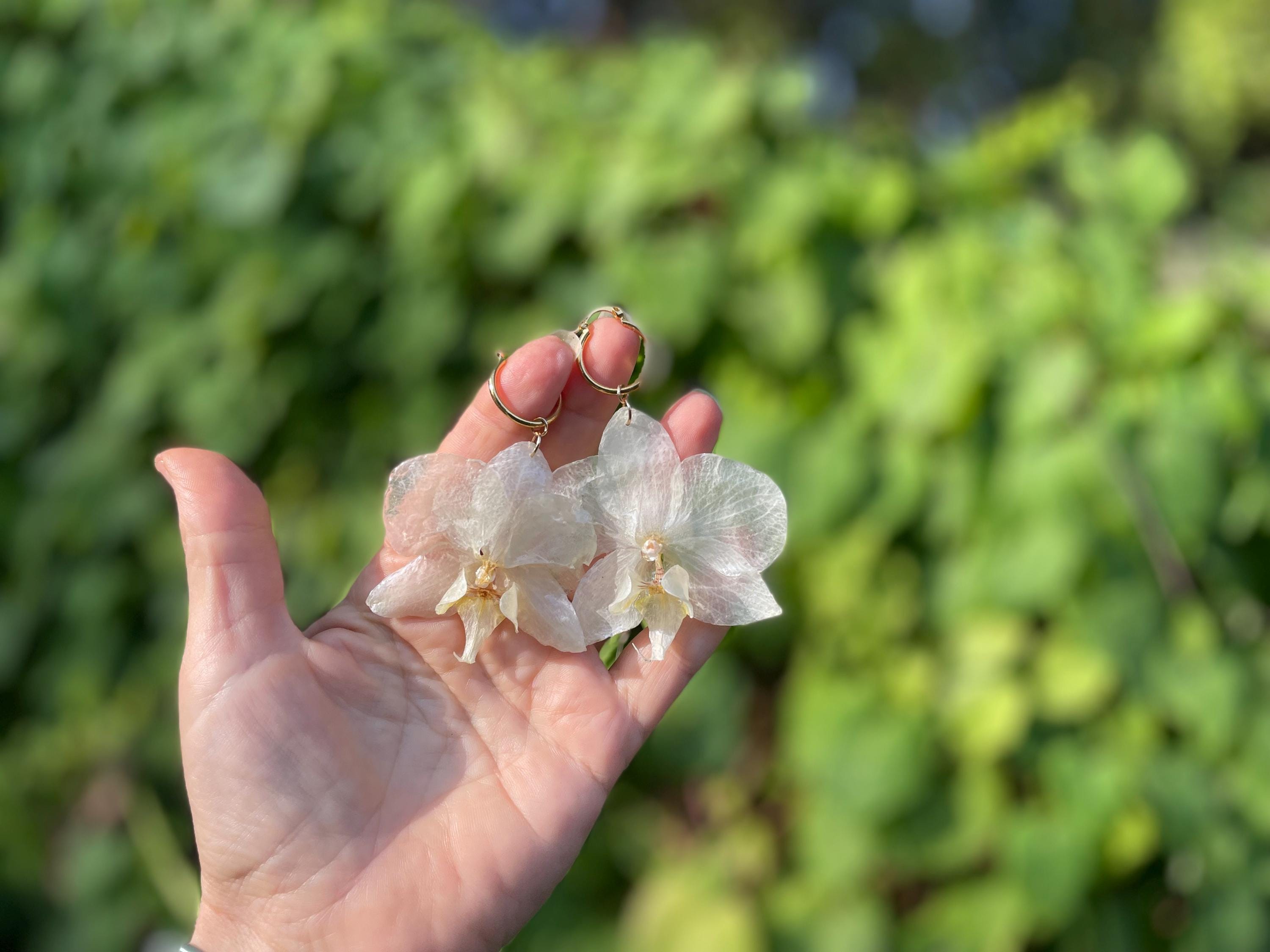 Real Orchid Earrings: Gold Hoop Earrings Resin, Unique White Wedding Bridal Jewelry