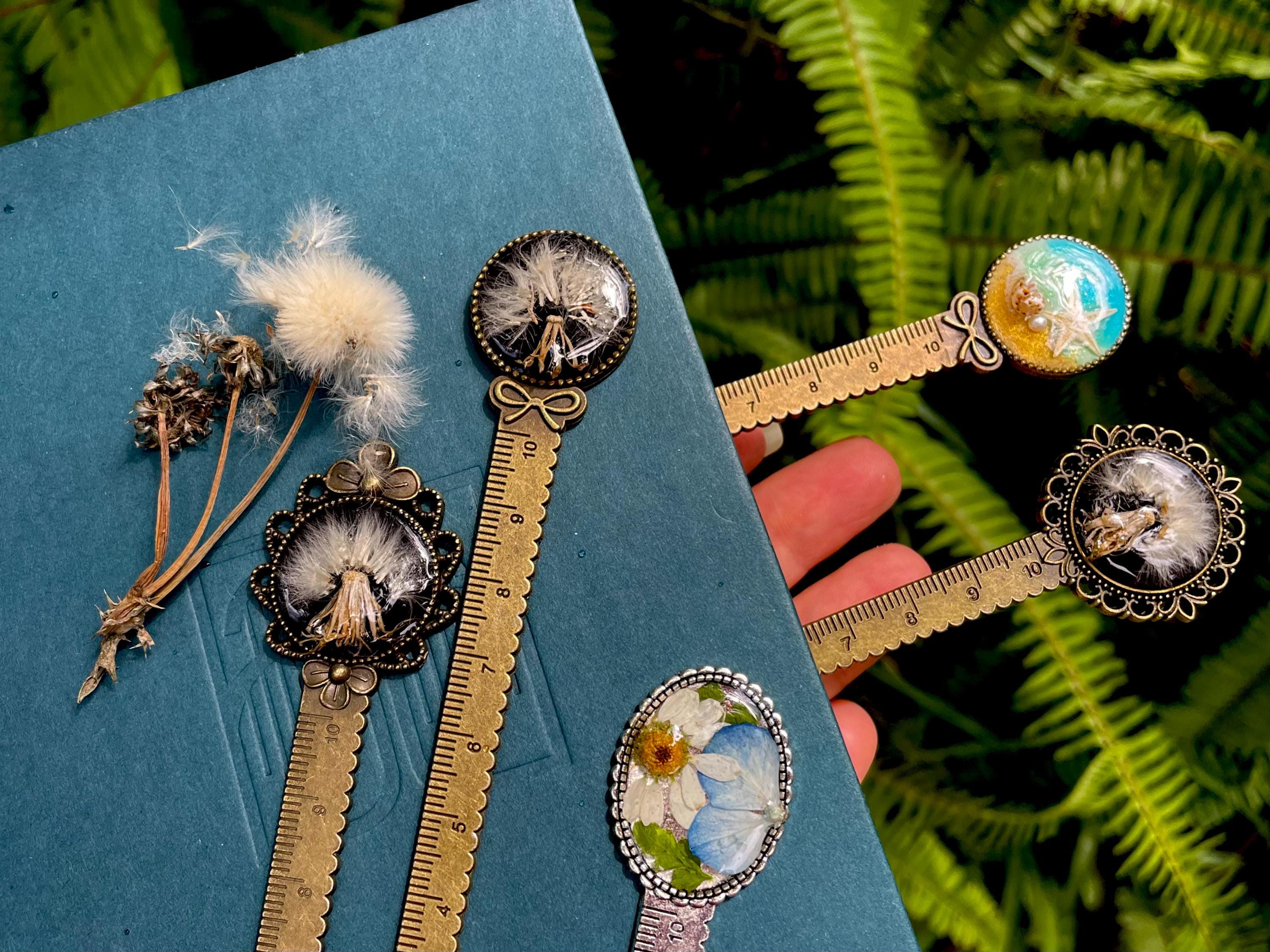 Bronze Metal Fox Bookmark with real Mushrooms Fern and Pressed Flowers - Woodland Style Bookish Gift