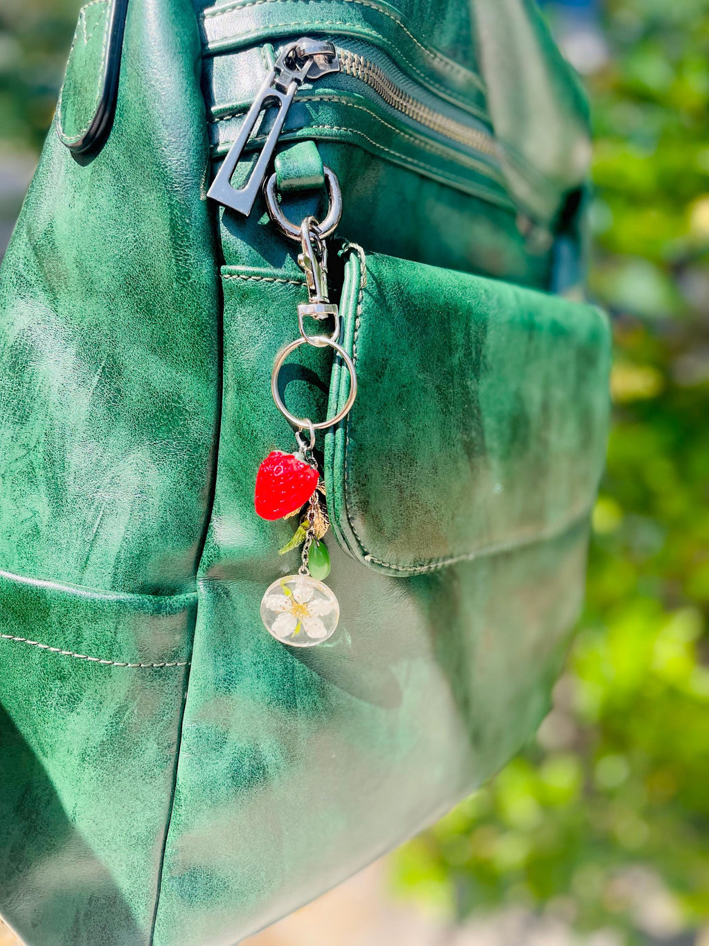 Strawberry Blossom Keychain: Aventurine Gemstone Beaded Bag Charm