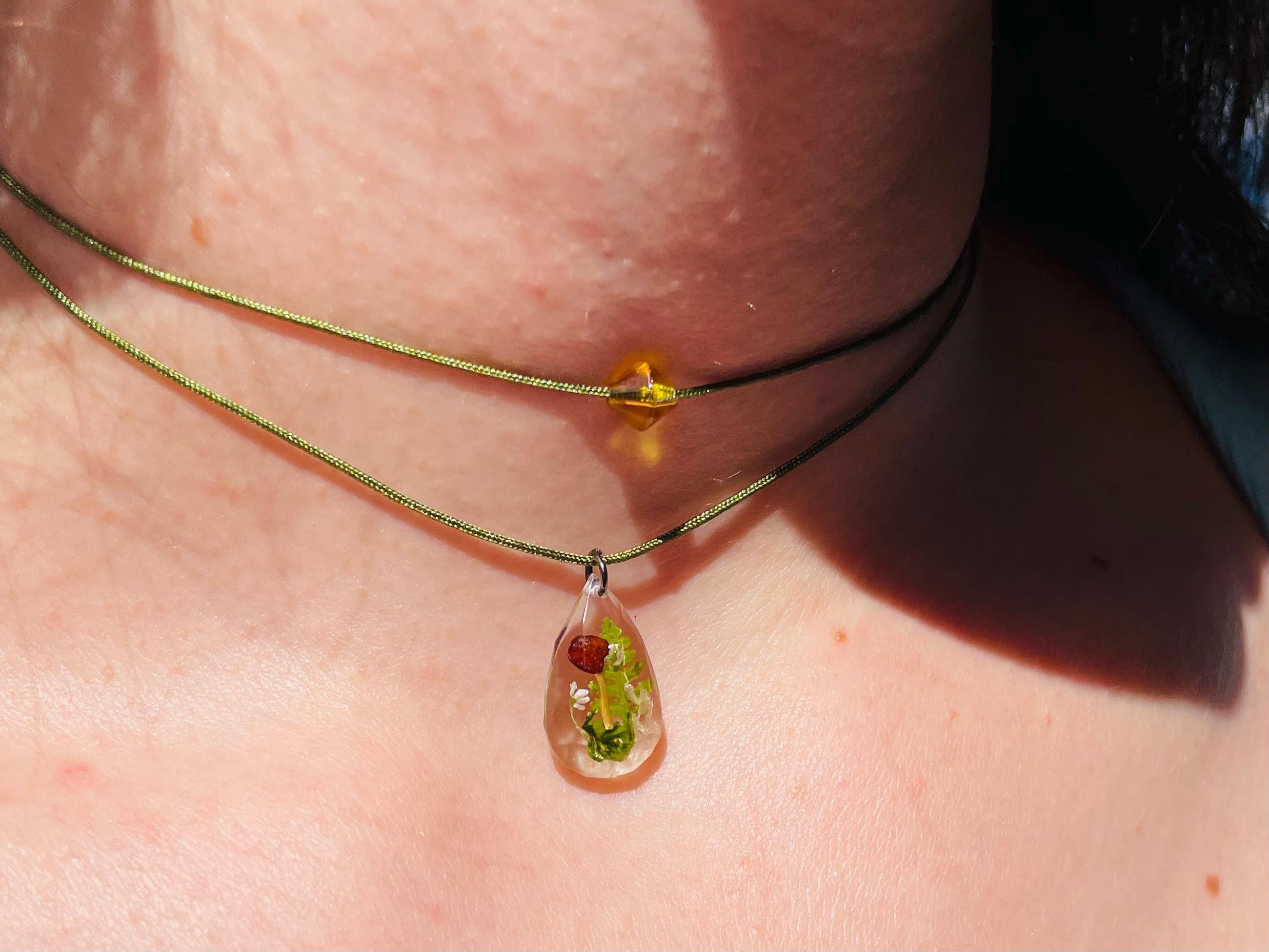 Woodland Mushroom Necklace | Dainty Citrine Bead Double Layered Charm Necklace | Fall Cottagecore Hippie Jewelry | Handmade Gift for Her