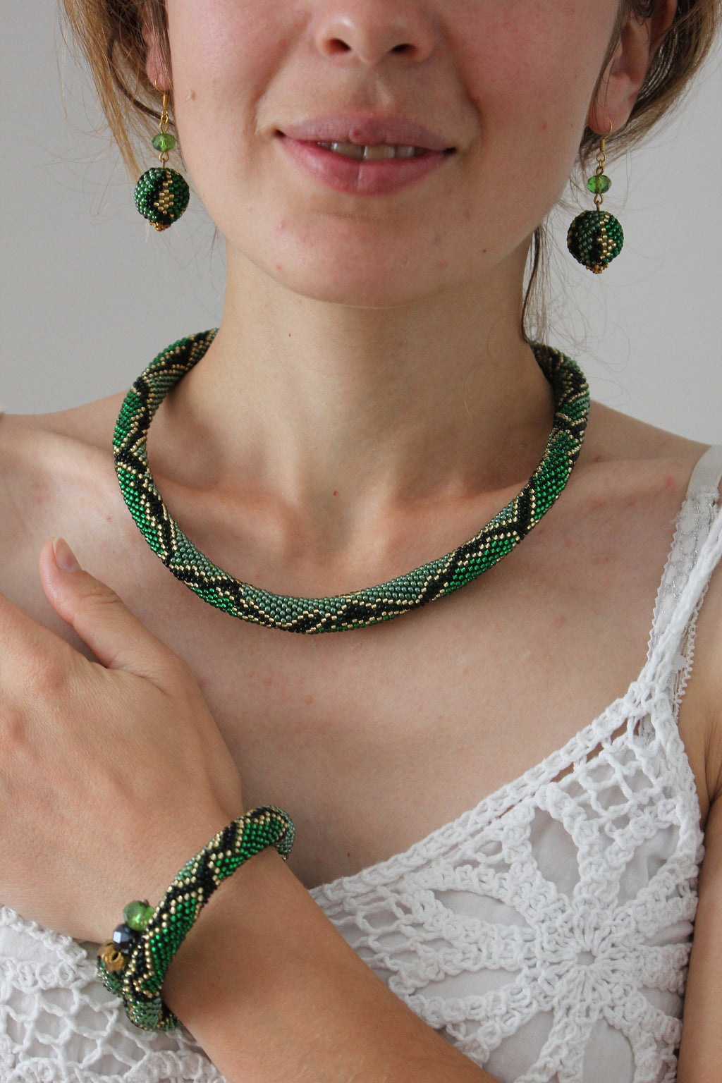 Beaded Snake Choker: Green Ouroboros Necklace, Wild Animal Jewelry