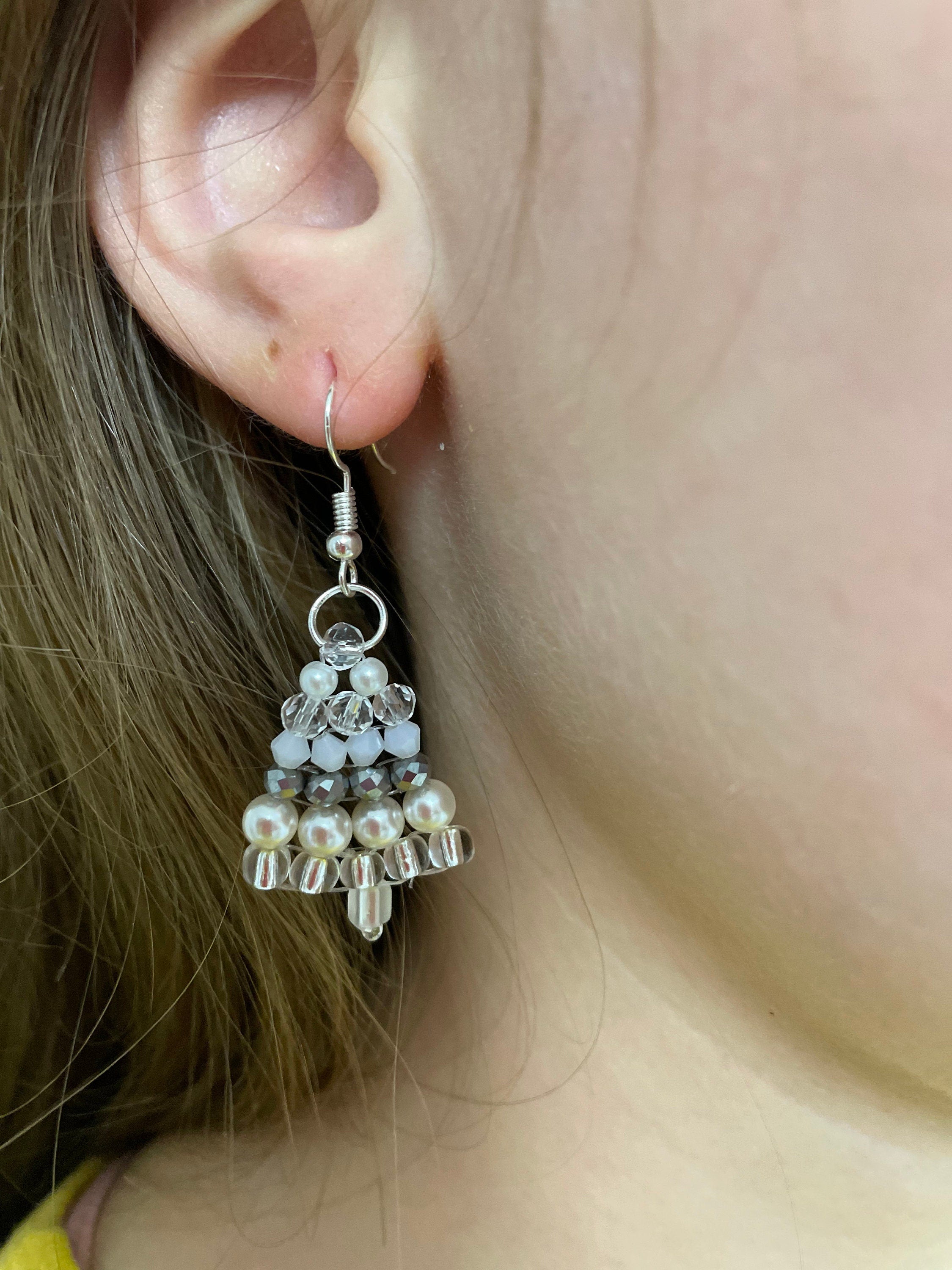 White Christmas Tree Earrings Beaded: Unique Pearl Silver Winter Holiday Dangles for Women