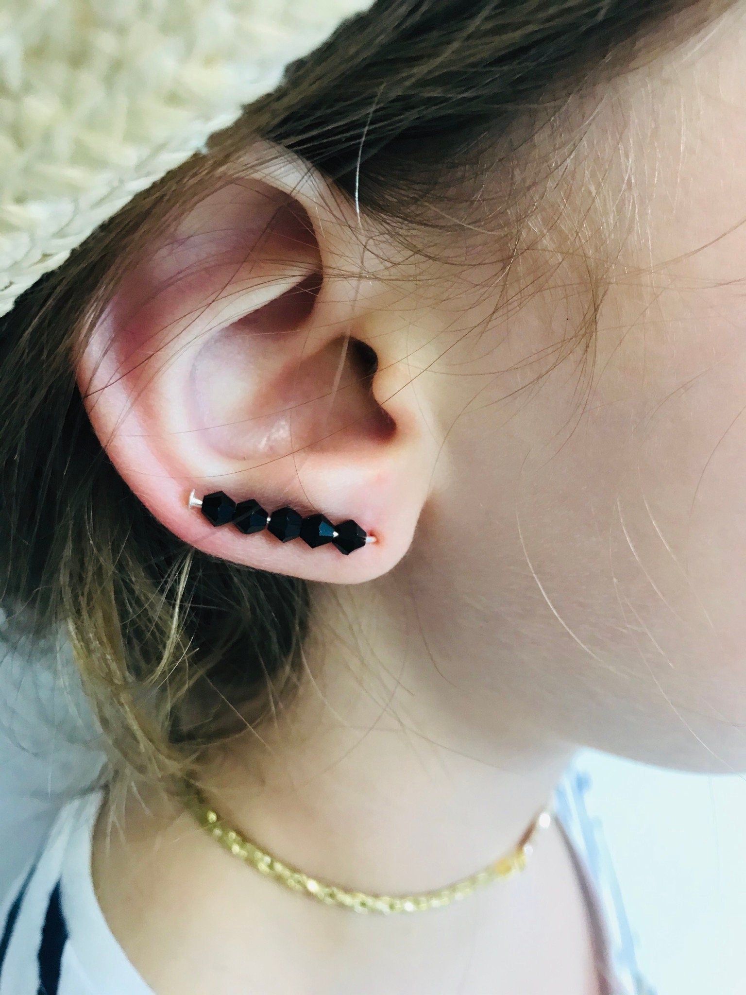 ear climber earrings, Minimalist ear climbers, 925 sterling silver stud earrings, Black Ear Climbers, Simple Ear Sweep birthstone color gift