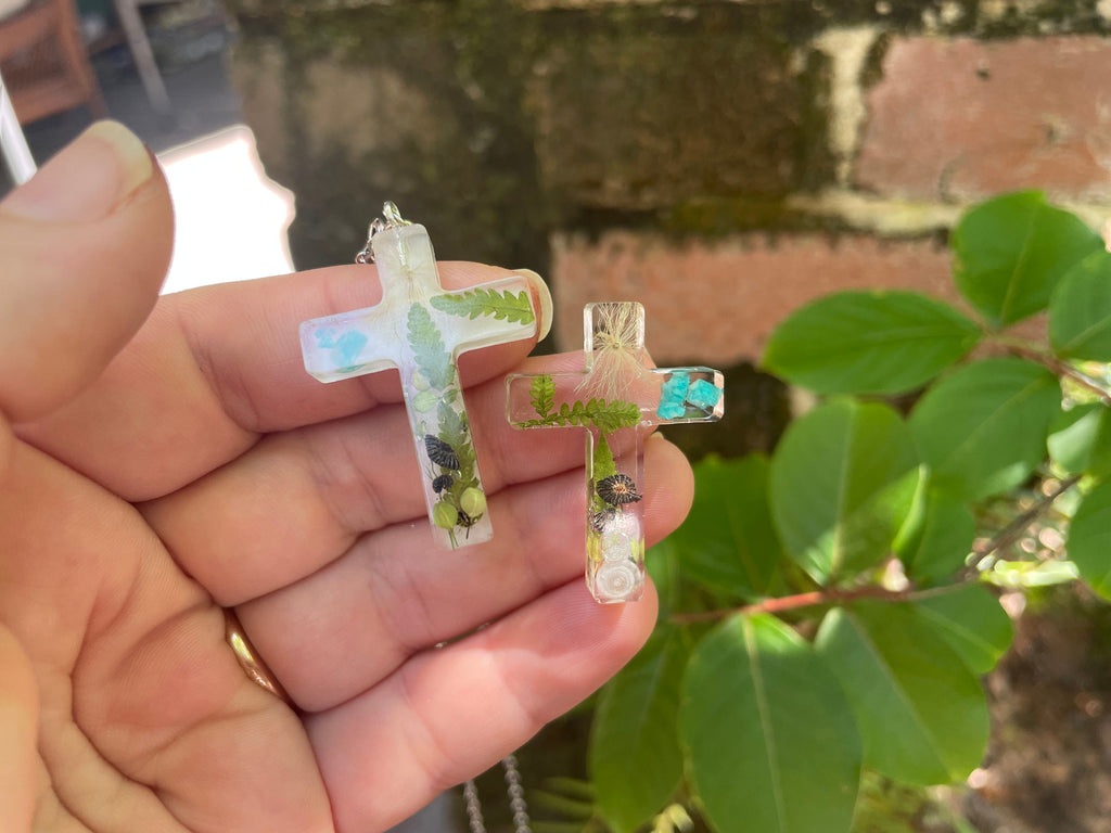 August Birth Flower Cross Necklace: Real Sunflower Resin Pendant, Handmade Jewelry