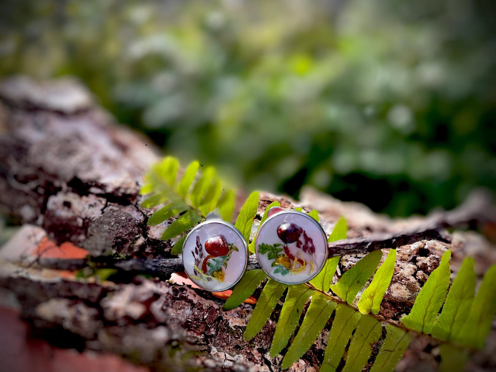 Mushroom Earrings Stud/Clip on: Real Moss and Fern, Sterling Silver, Botanical Jewelry