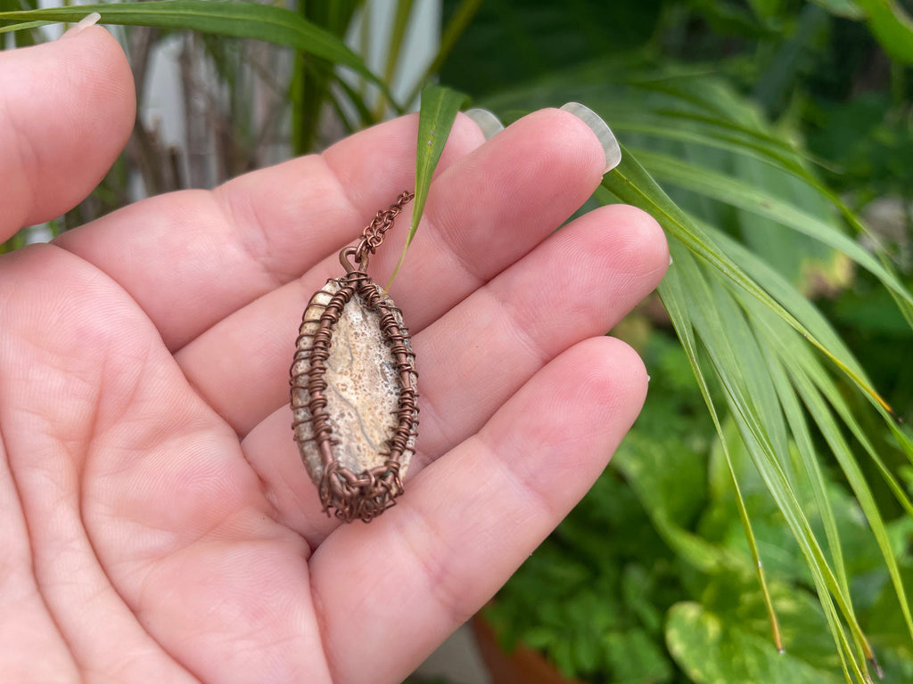 Dainty Copper Wire Wrapped Tree of Life Pendant Oval - Unique Picture Jasper Necklace for Men & Women