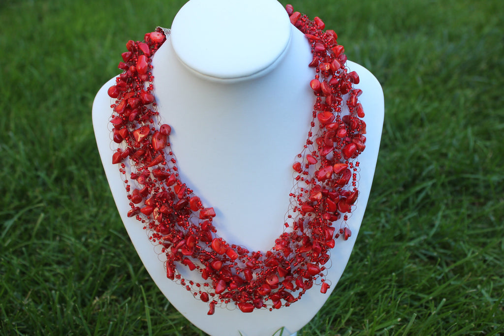 Red Coral Multistrand Necklace: Personalized Initial Charm, Holiday Jewelry