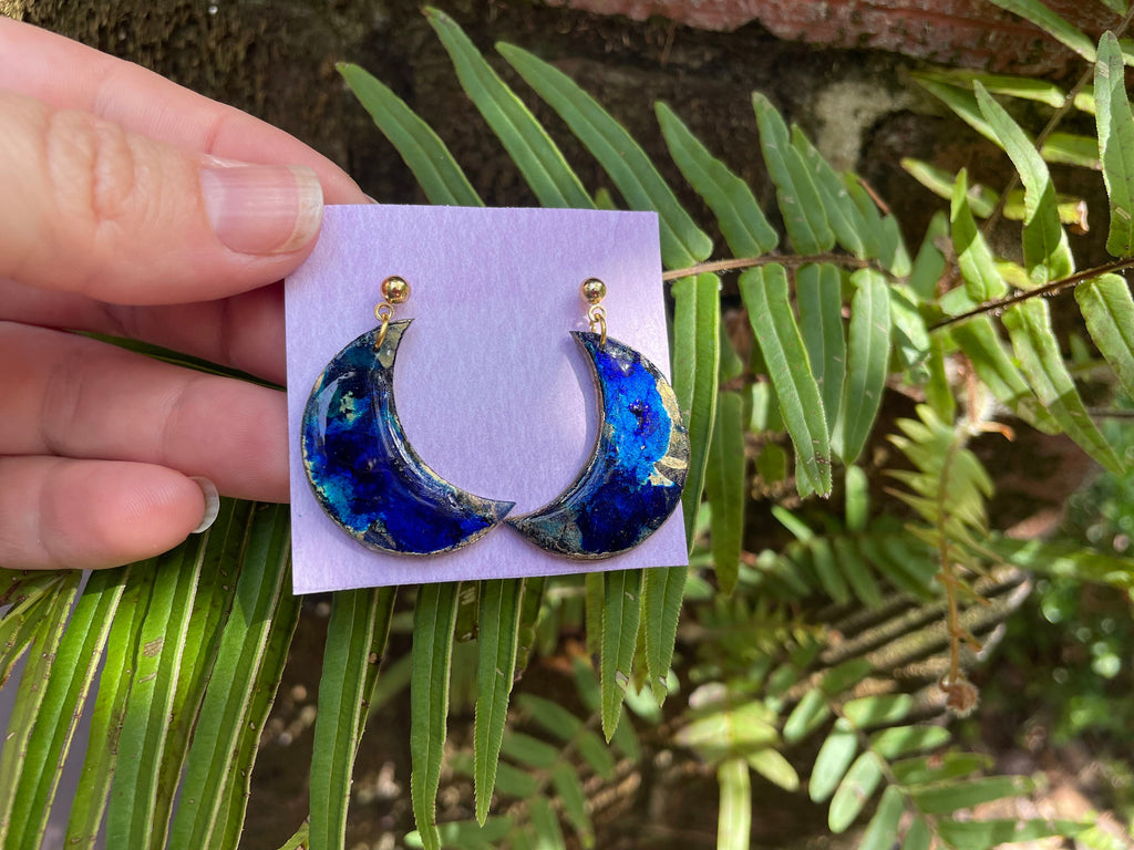 Galactic Blue Gold Moon and Star Clay Earrings Mismatched: Unique Handmade Astrology Jewelry