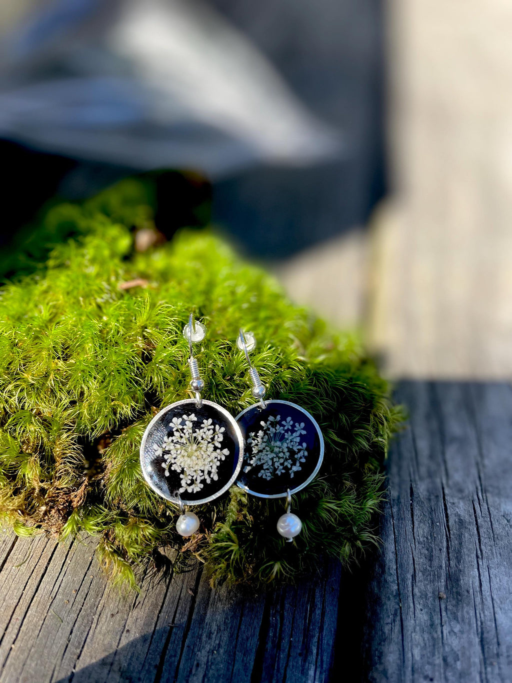 Black freshwater Pearl Earrings with Pressed Queen Ann’s Lace Flower: January Birth Flower Jewelry