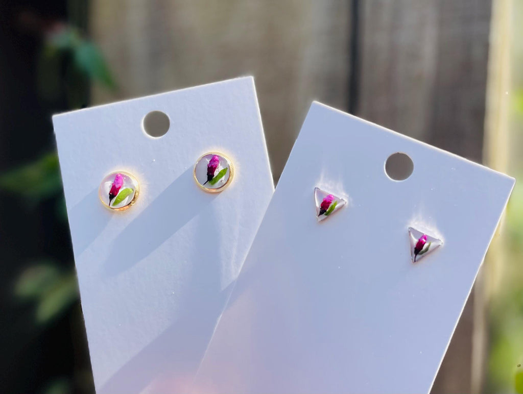 Pink Flower Stud Earrings Gold/Silver: Real Sweat Pea April Birthflower Resin Jewelry Gift Mothers Day