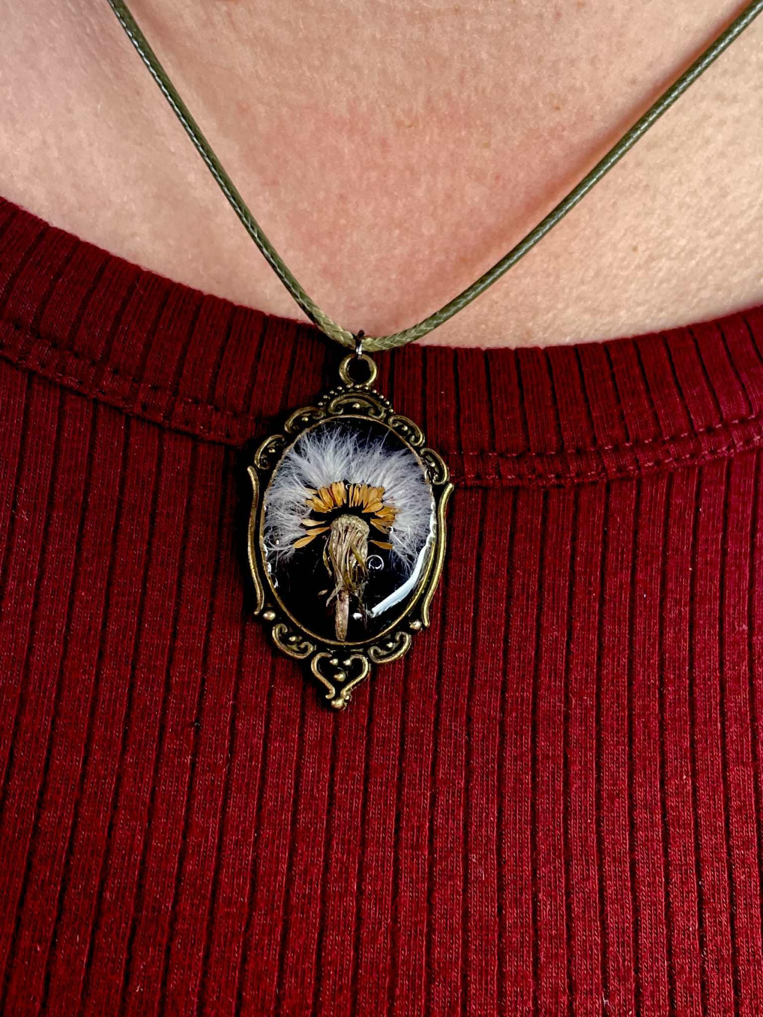 Real Dandelion Pendant Necklace Vintage Cameo Style: 30th Birthday Gift
