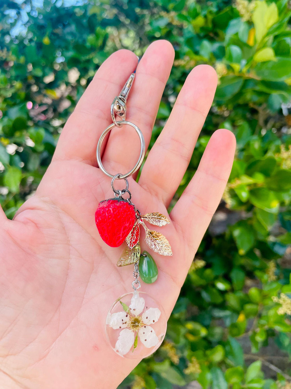 Strawberry Blossom Keychain: Aventurine Gemstone Beaded Bag Charm