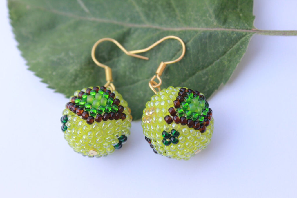 Chartreuse earrings, Apple green ball drop earrings~les bonbons earrings~seed bead globe earrings~simple modern earrings for girlfriend wife
