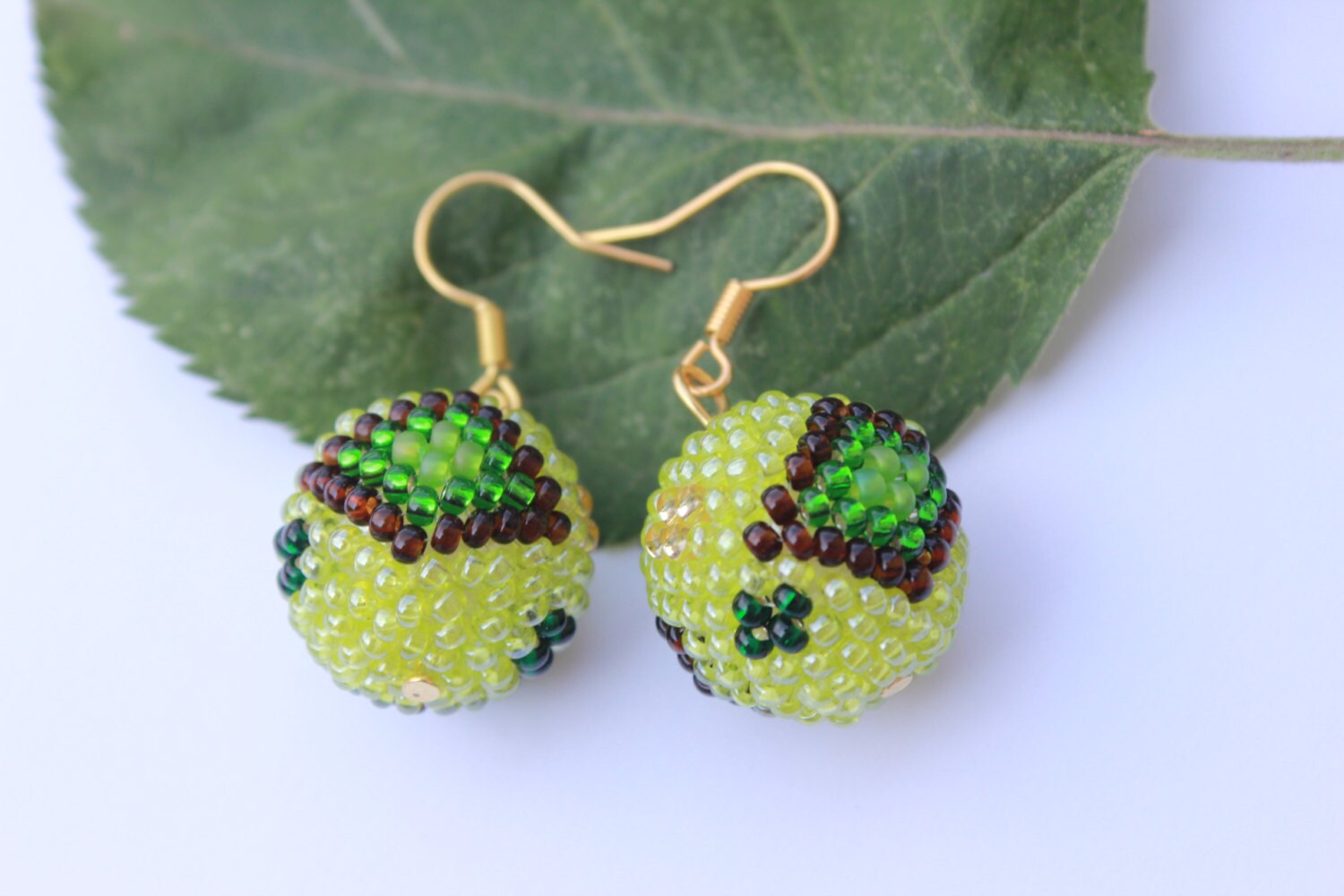 Chartreuse earrings, Apple green ball drop earrings~les bonbons earrings~seed bead globe earrings~simple modern earrings for girlfriend wife