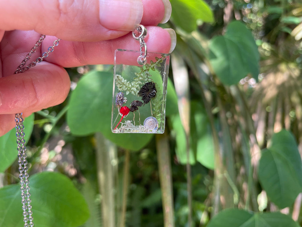 Mushroom Family Resin Necklace: Pressed Flower Pendant, Birthstone Option