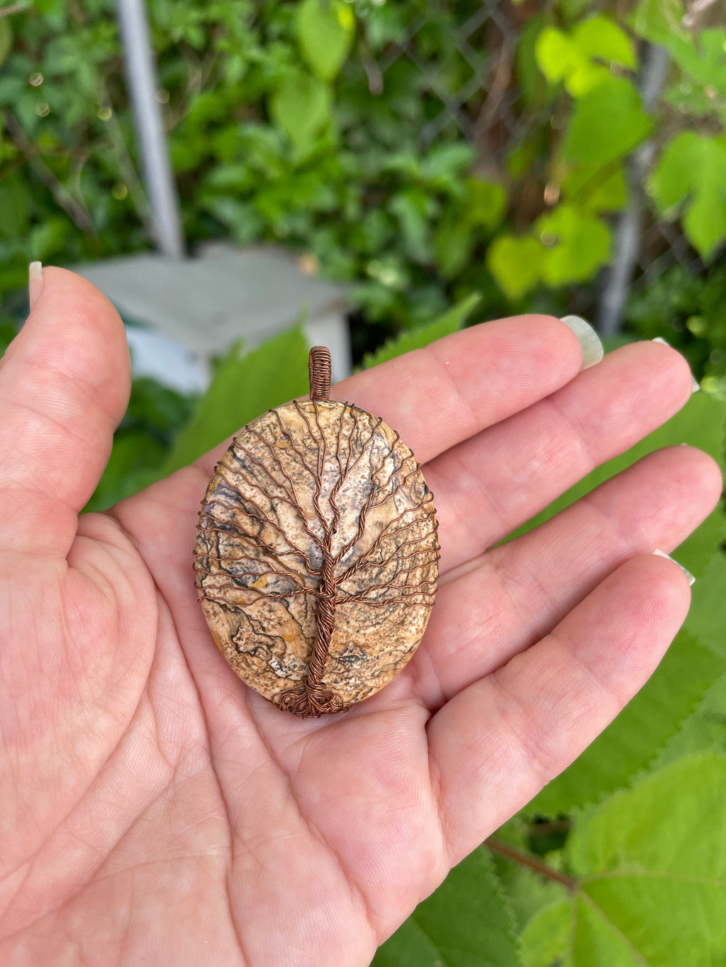 Copper Wire Wrapped Oval Picture Jasper Tree of Life Pendant - Unique Mens Chain Pendant Necklace