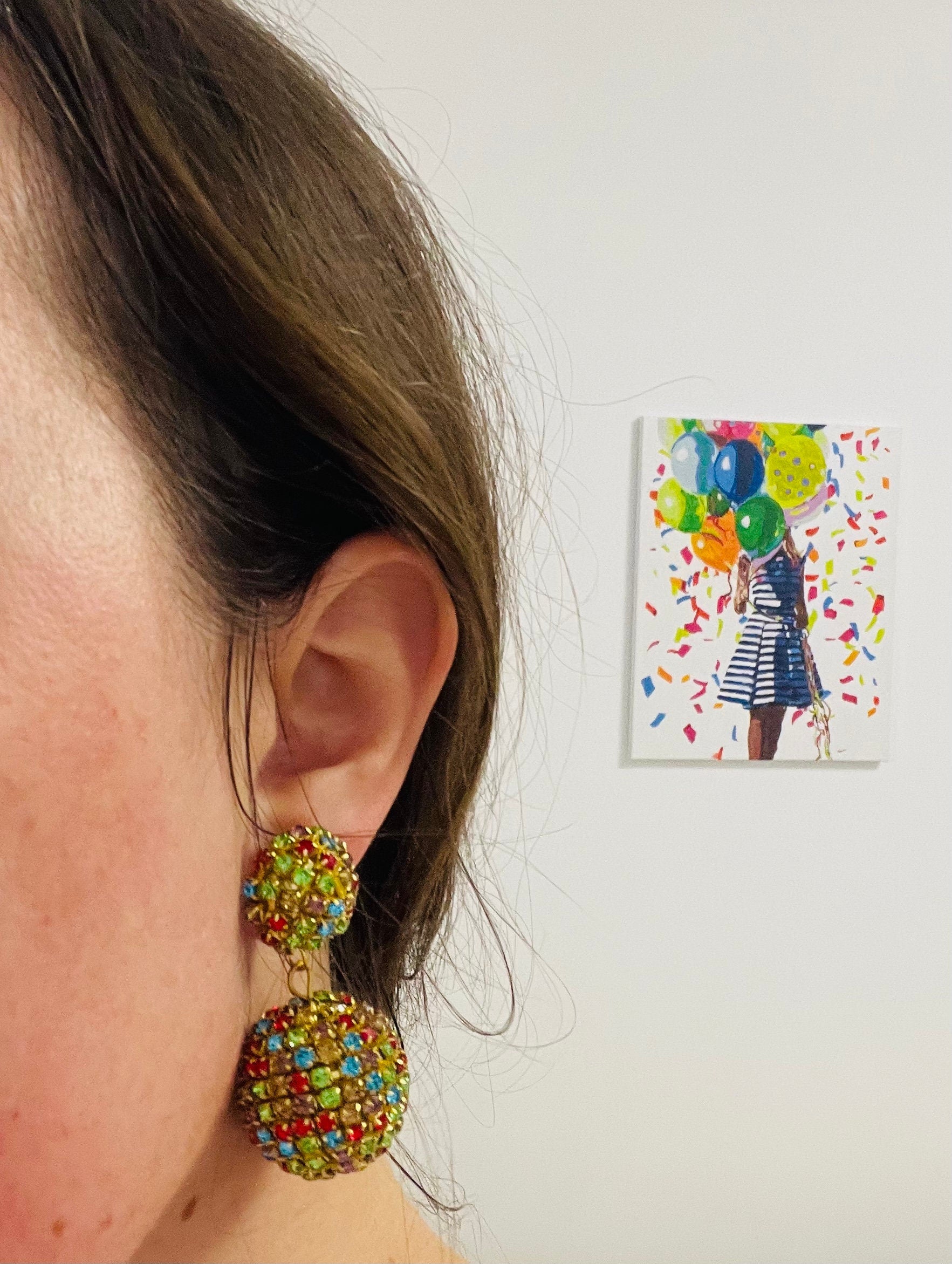 Rhinestone Disco Ball Drop Earrings: Gold Plated Clip On or Stud