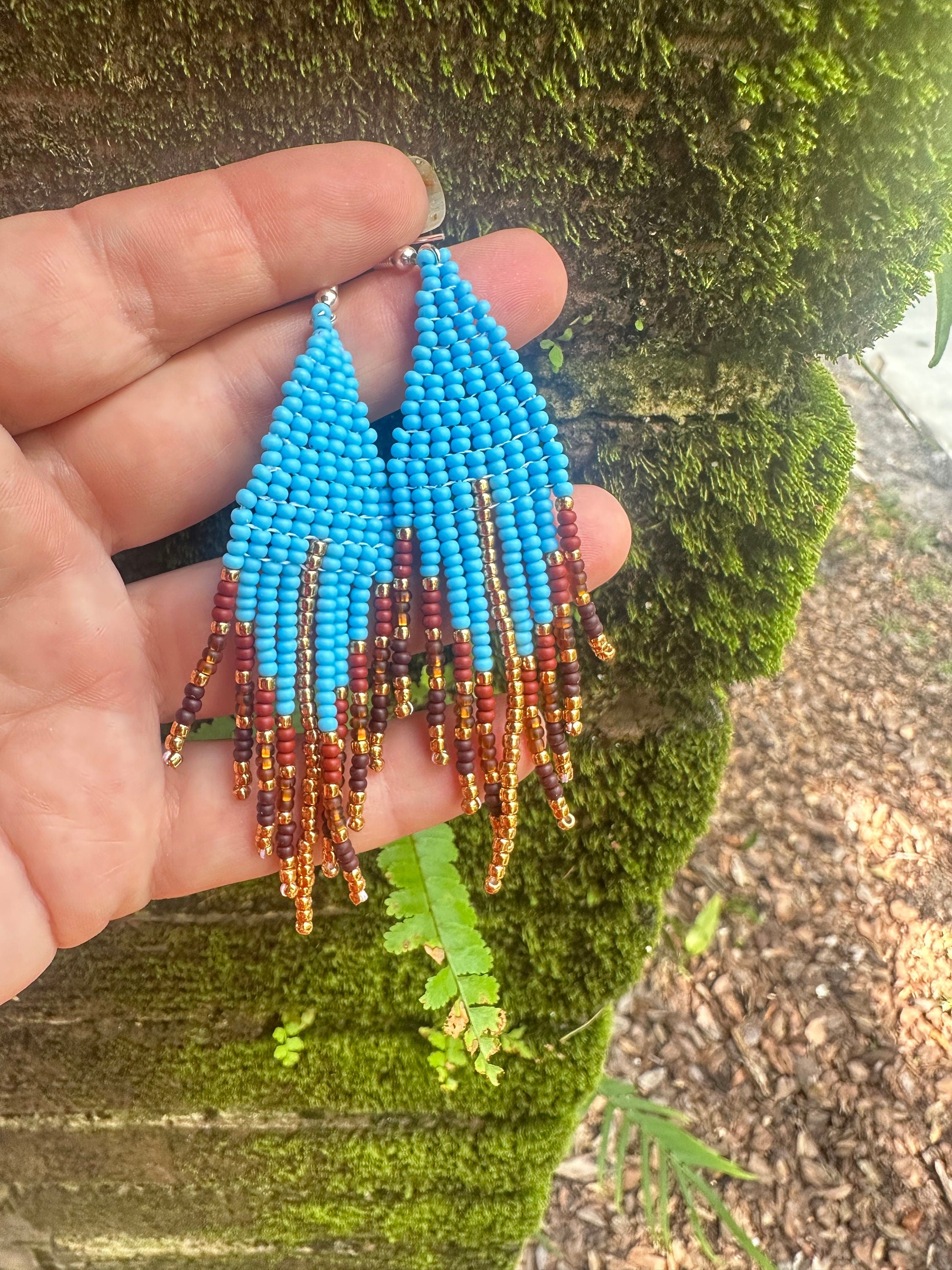 Turquoise and rust earrings handmade, blue boho earrings Fringe beadwork earrings unique holiday gift for her Seed bead dangle earring Long
